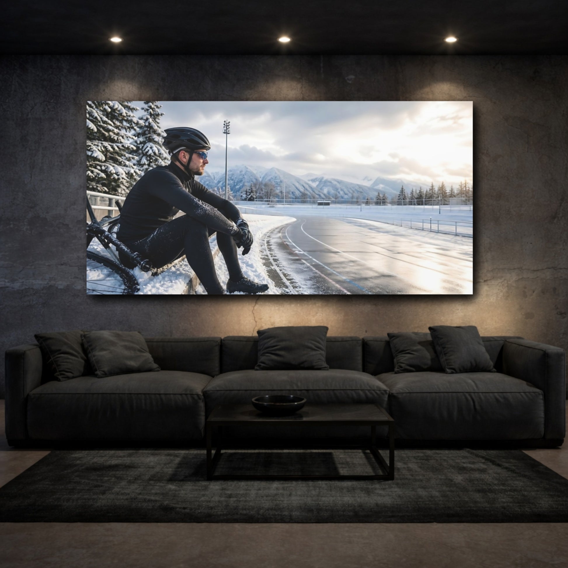 Mockup 3. Snowy Track Cyclist shown as canvas print