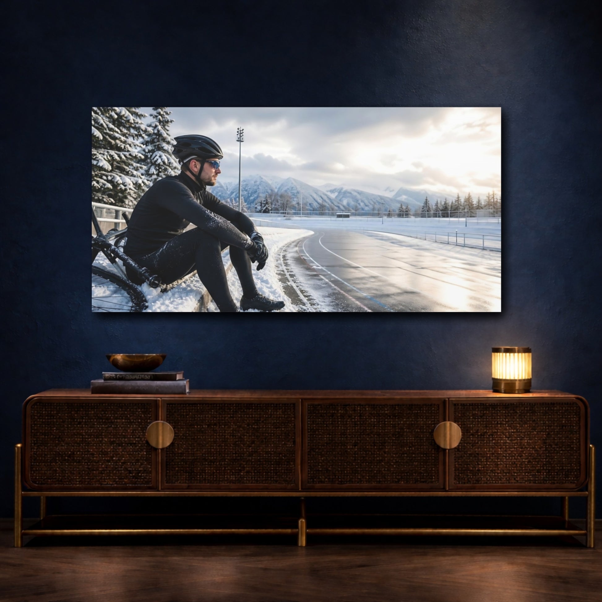Mockup 4. Snowy Track Cyclist shown as canvas print