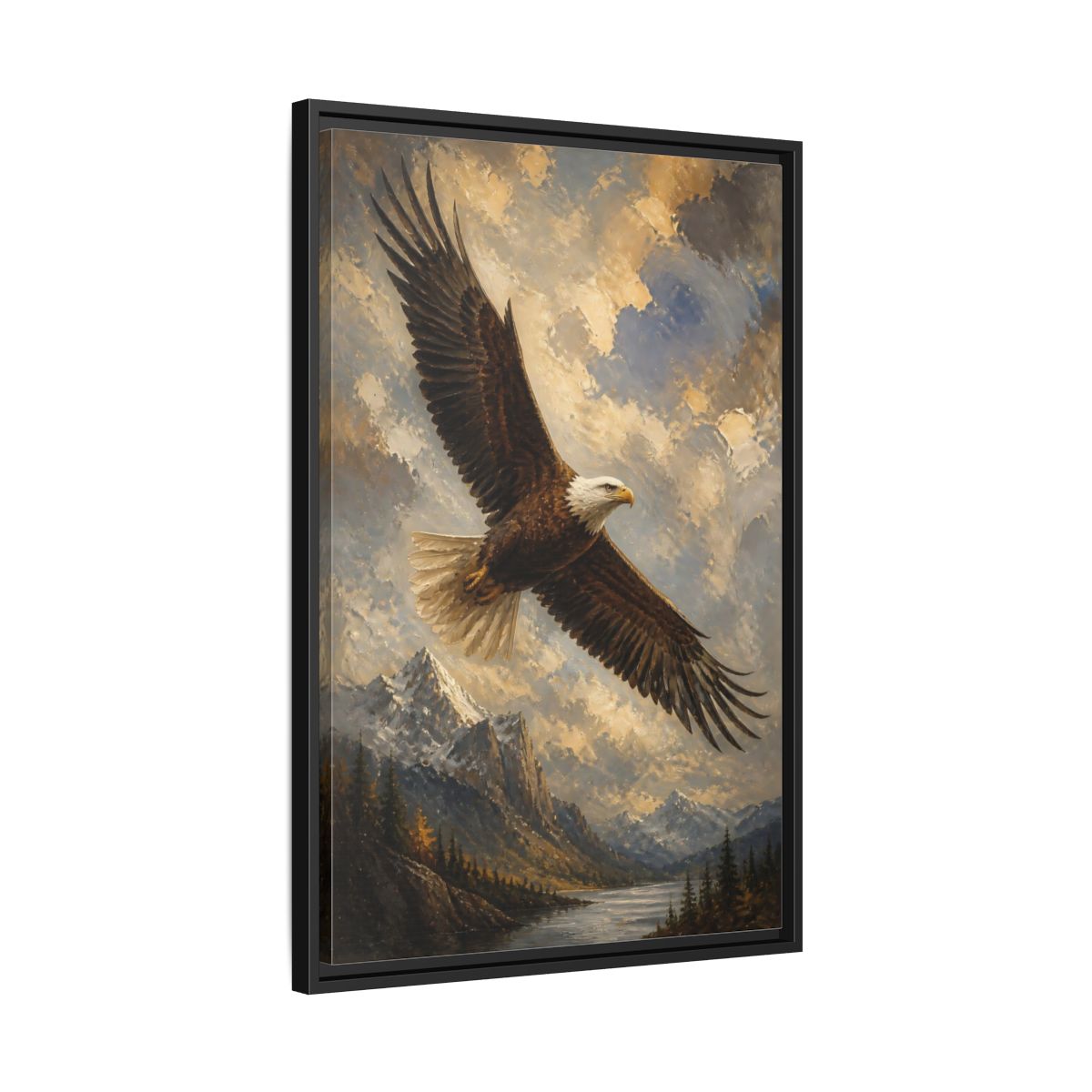 Side Mockup 14. Soaring Bald Eagle shown as framed canvas print