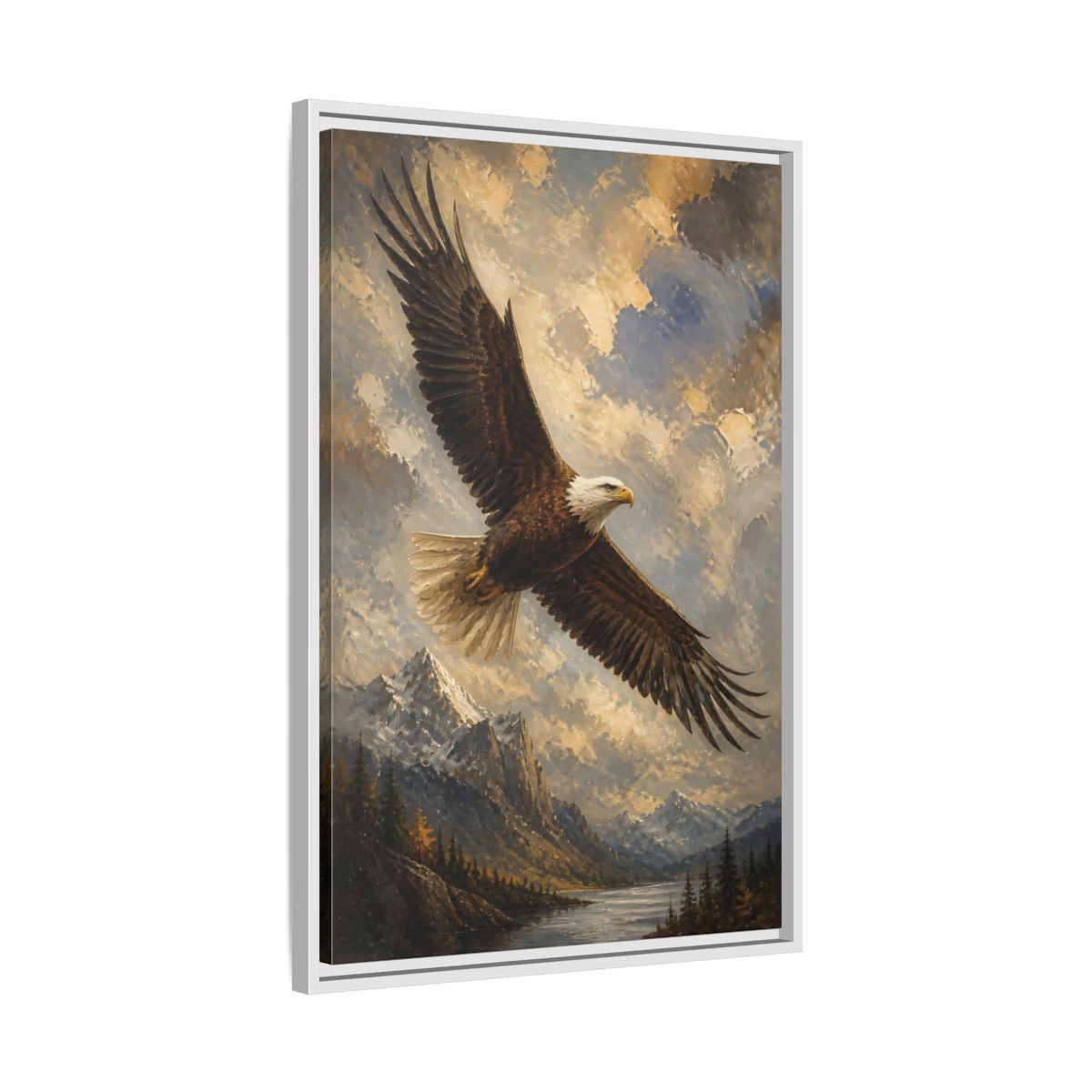 Side Mockup 10. Soaring Bald Eagle shown as framed canvas print
