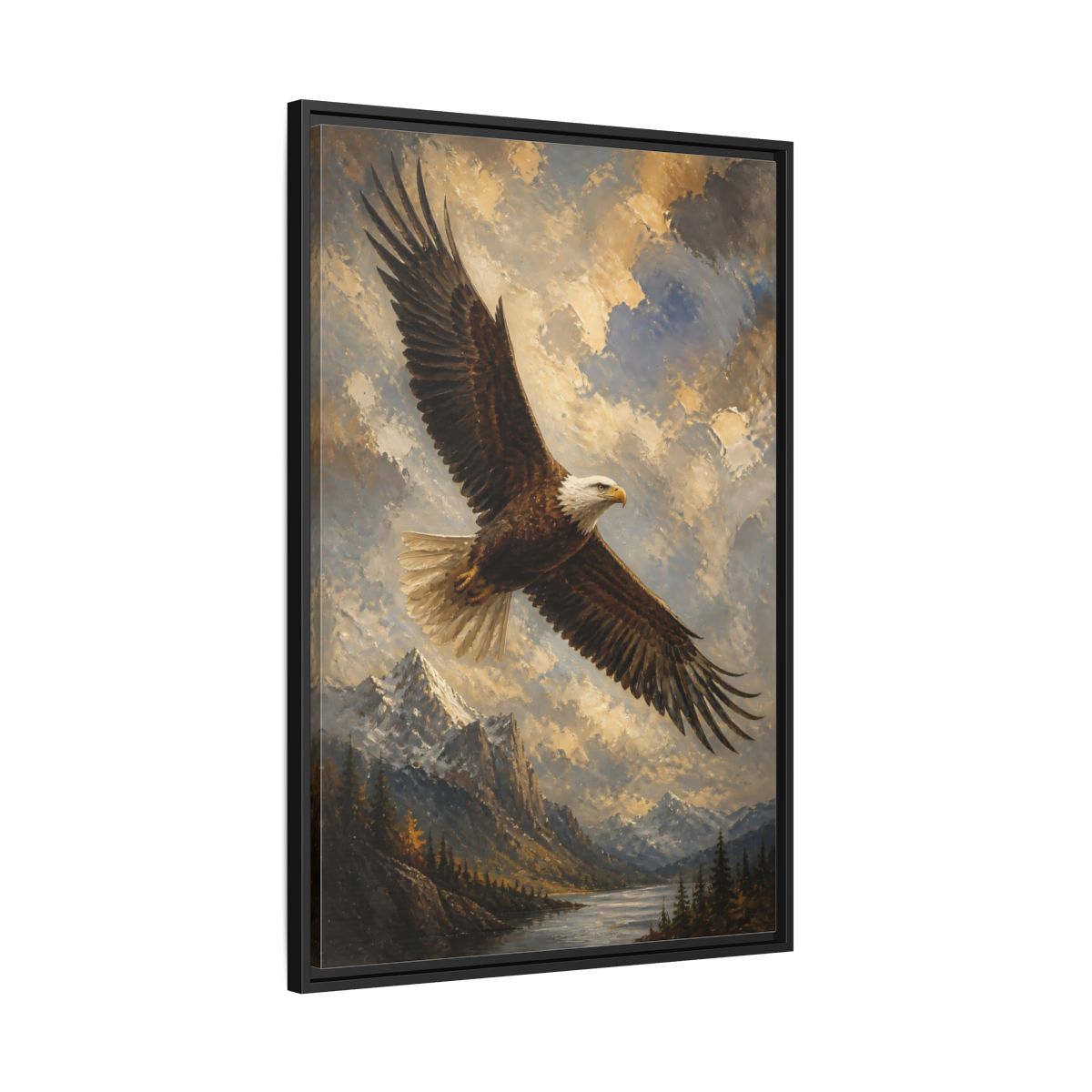 Side Mockup 13. Soaring Bald Eagle shown as framed canvas print