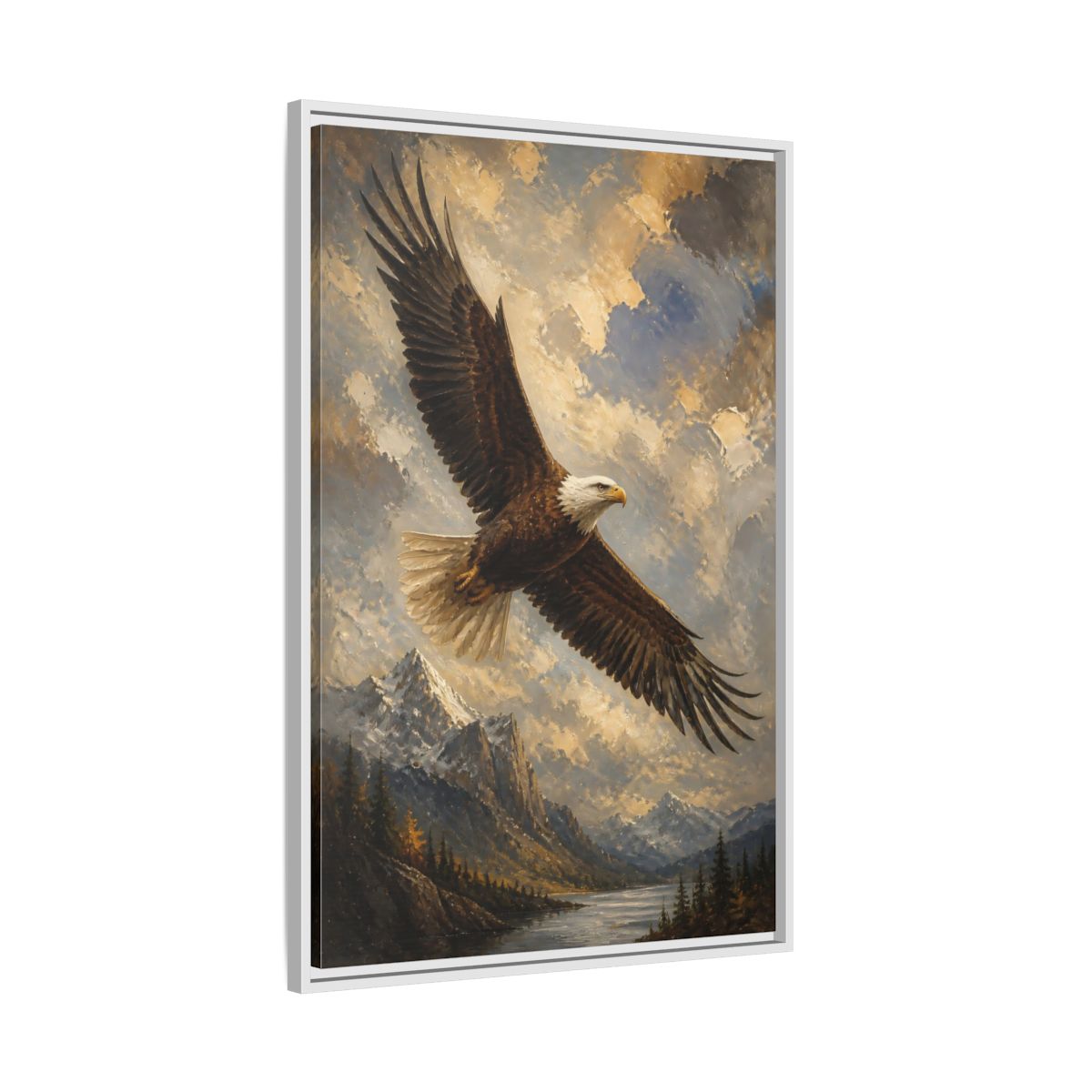 Side Mockup 9. Soaring Bald Eagle shown as framed canvas print