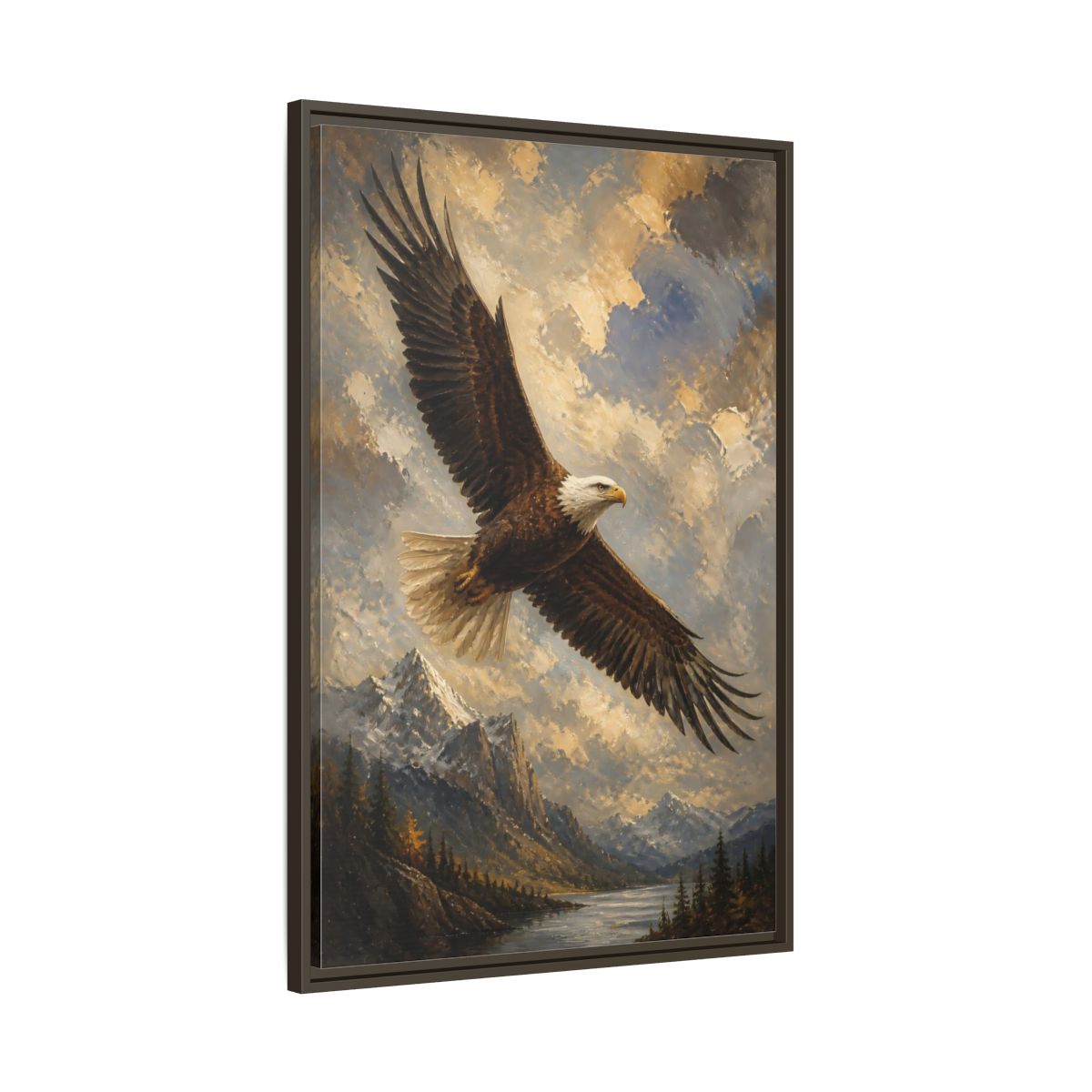 Main Mockup. Soaring Bald Eagle shown as framed canvas print