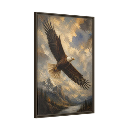 Main Mockup. Soaring Bald Eagle shown as framed canvas print