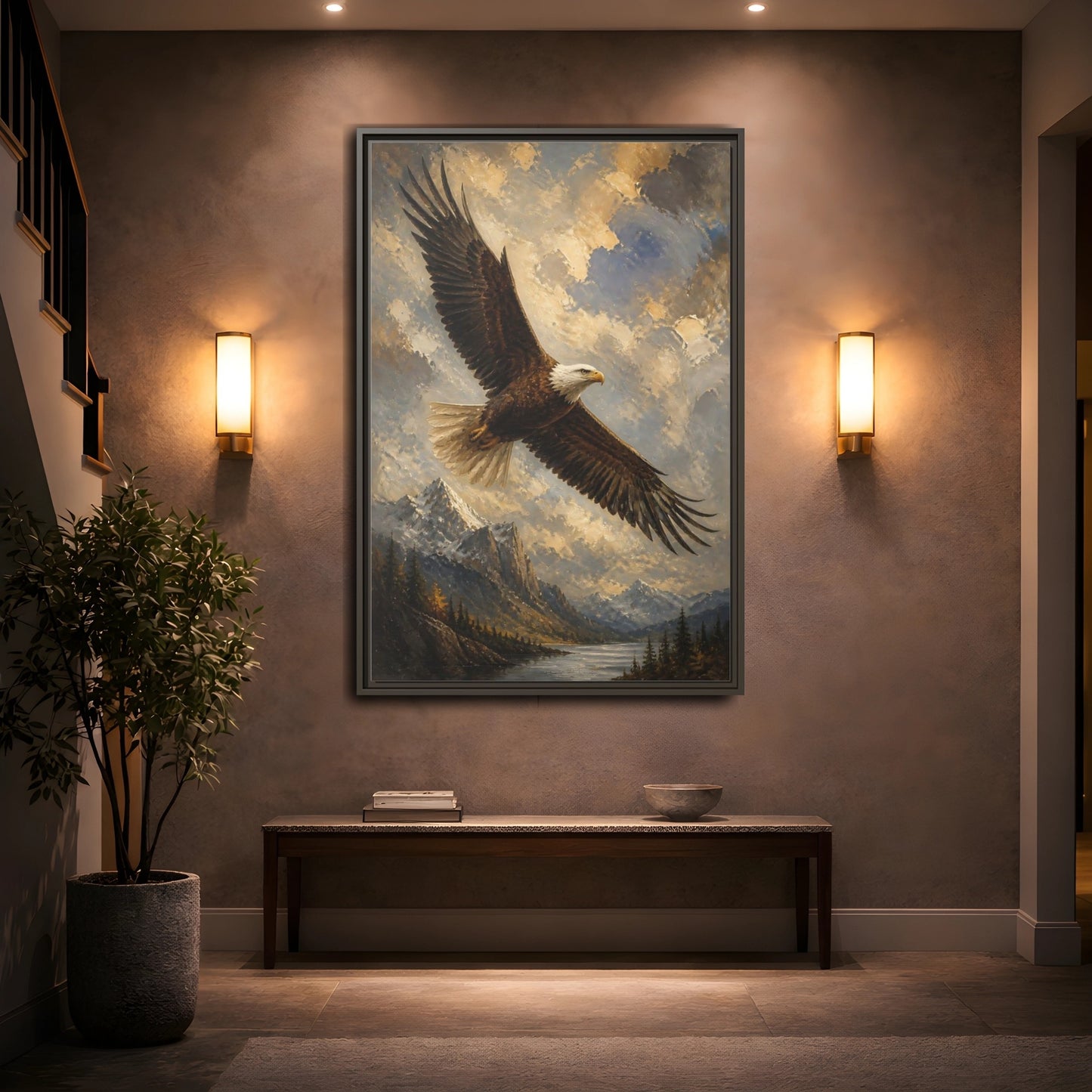 Mockup 2. Soaring Bald Eagle shown as framed canvas print