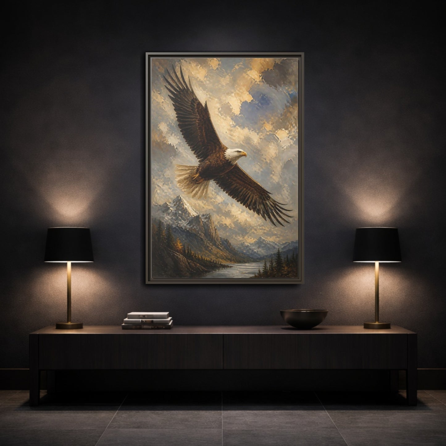 Mockup 3. Soaring Bald Eagle shown as framed canvas print