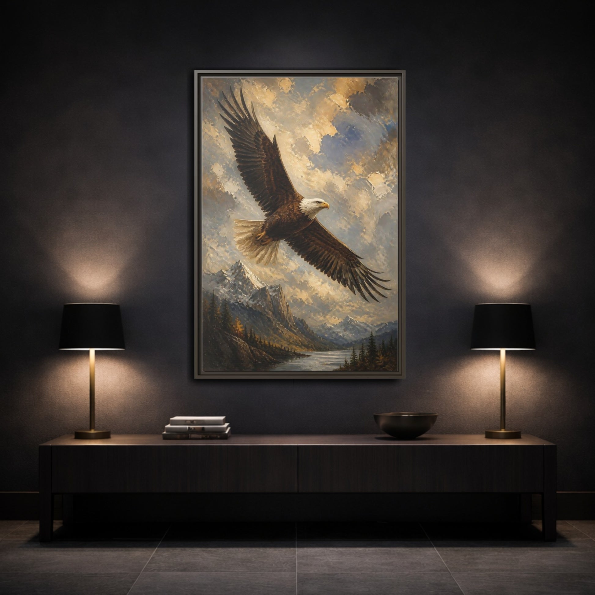 Mockup 3. Soaring Bald Eagle shown as framed canvas print