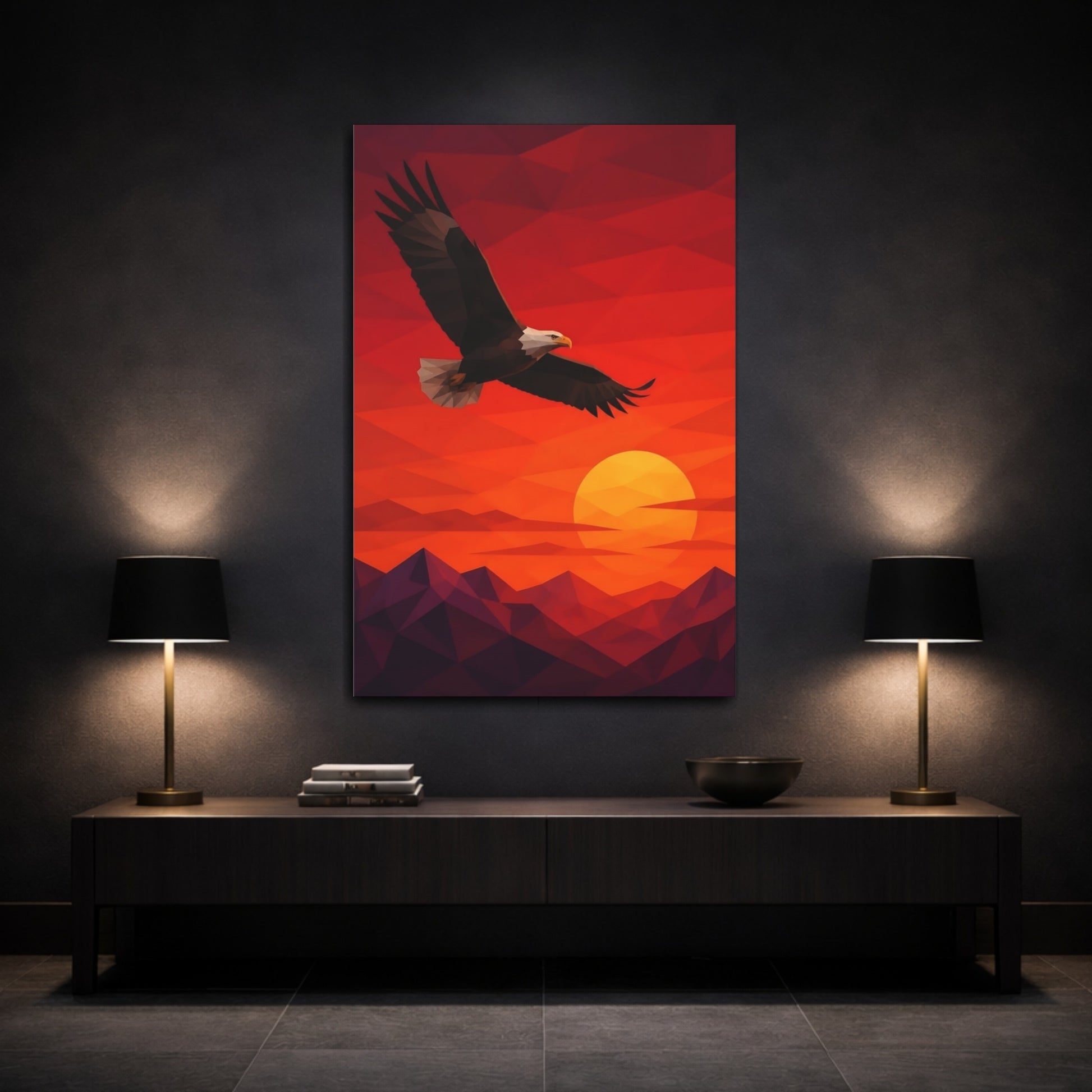 Mockup 3. Soaring Bald Eagle Sunset shown as canvas print