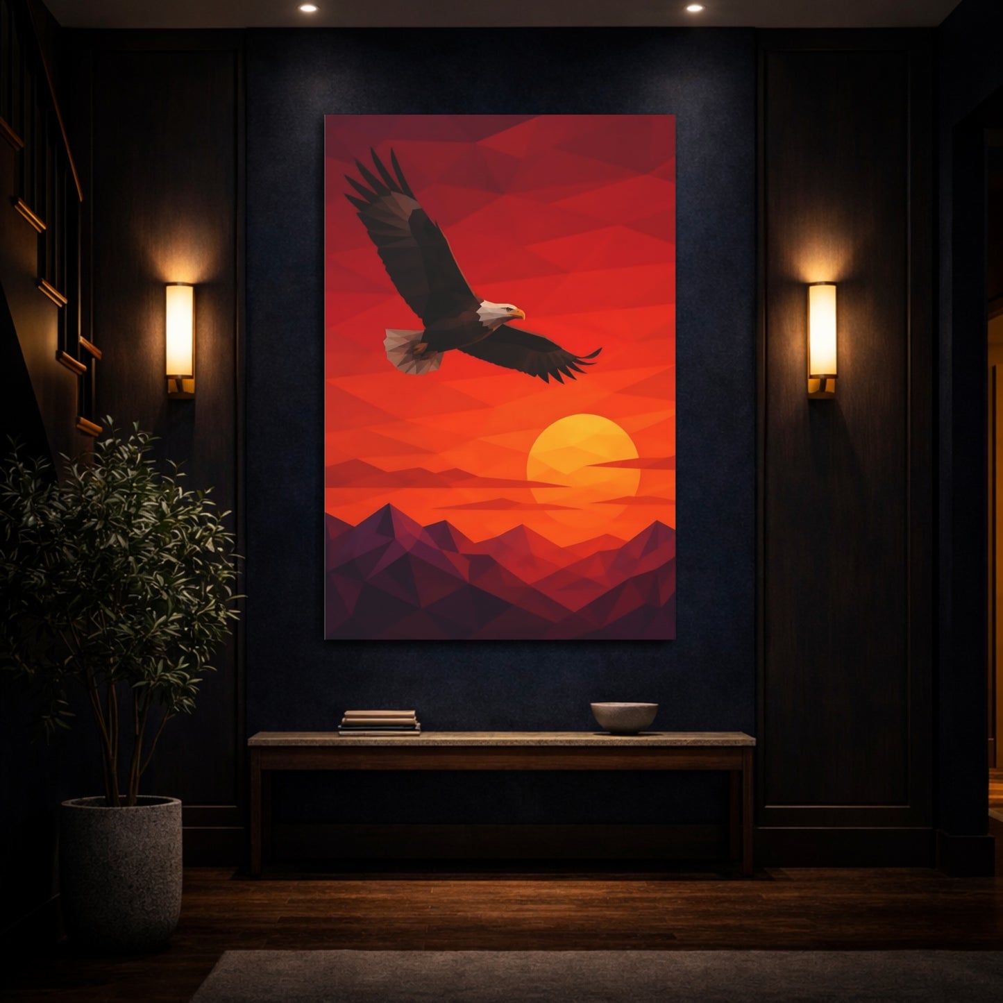 Mockup 4. Soaring Bald Eagle Sunset shown as canvas print