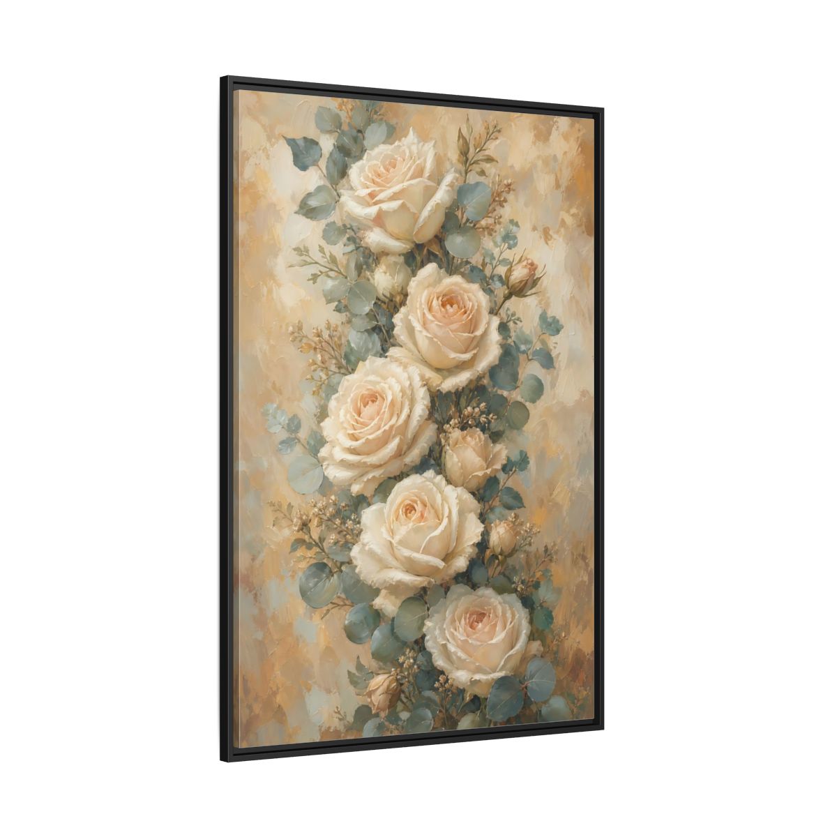 Side Mockup 12. Soft Cream Rose Bouquet shown as framed canvas print
