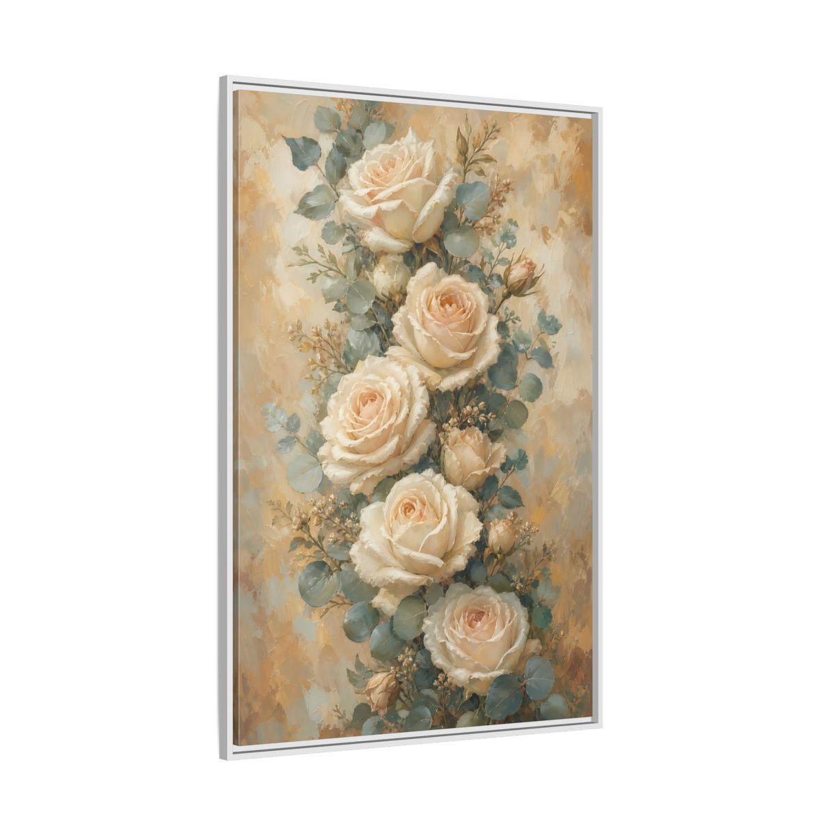 Side Mockup 7. Soft Cream Rose Bouquet shown as framed canvas print