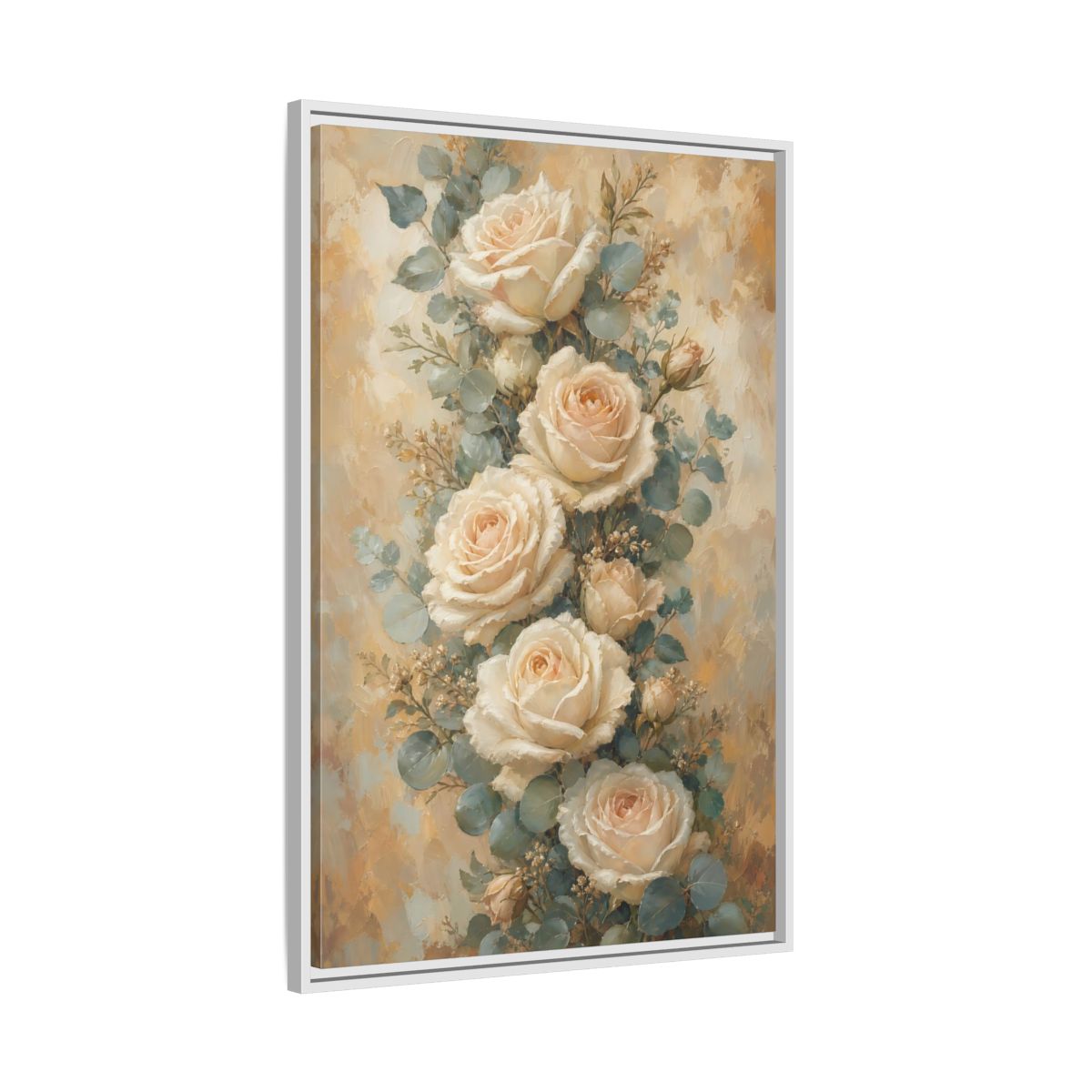 Side Mockup 9. Soft Cream Rose Bouquet shown as framed canvas print