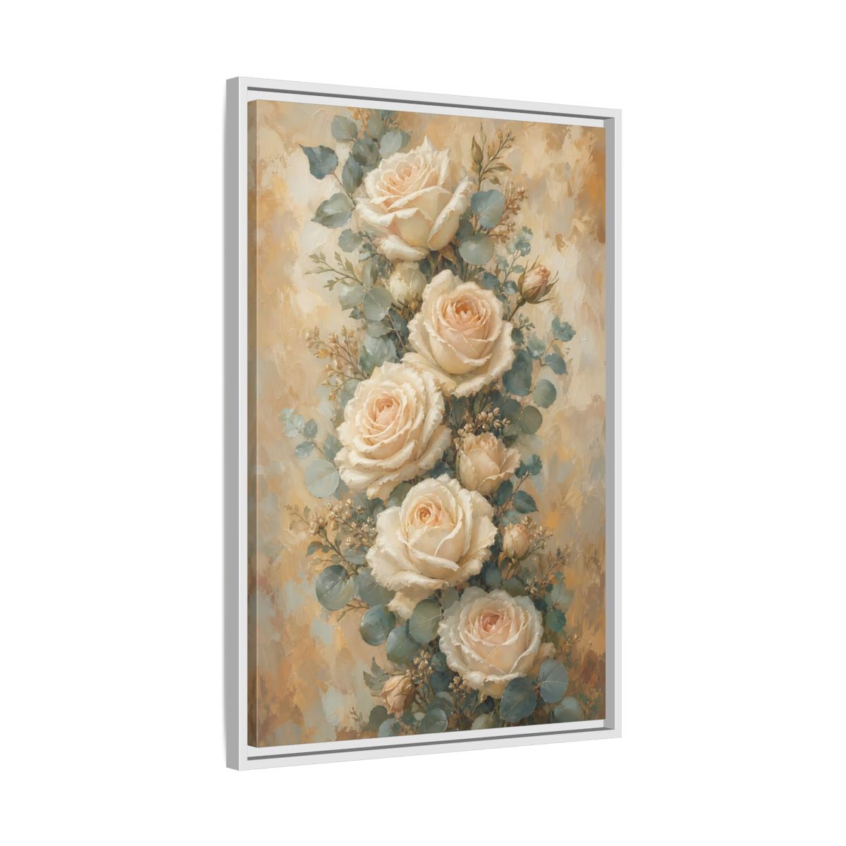 Side Mockup 10. Soft Cream Rose Bouquet shown as framed canvas print