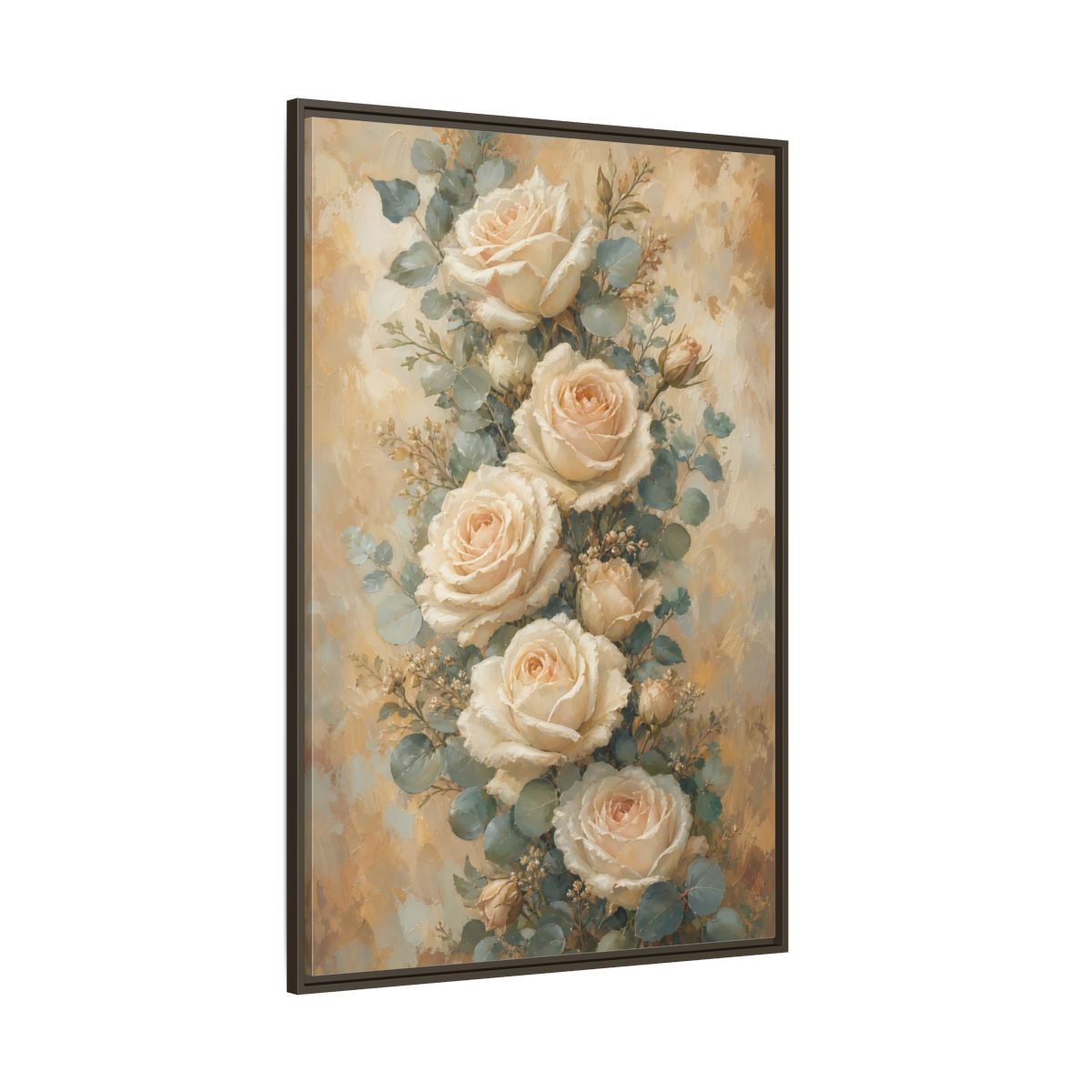 Side Mockup 8. Soft Cream Rose Bouquet shown as framed canvas print