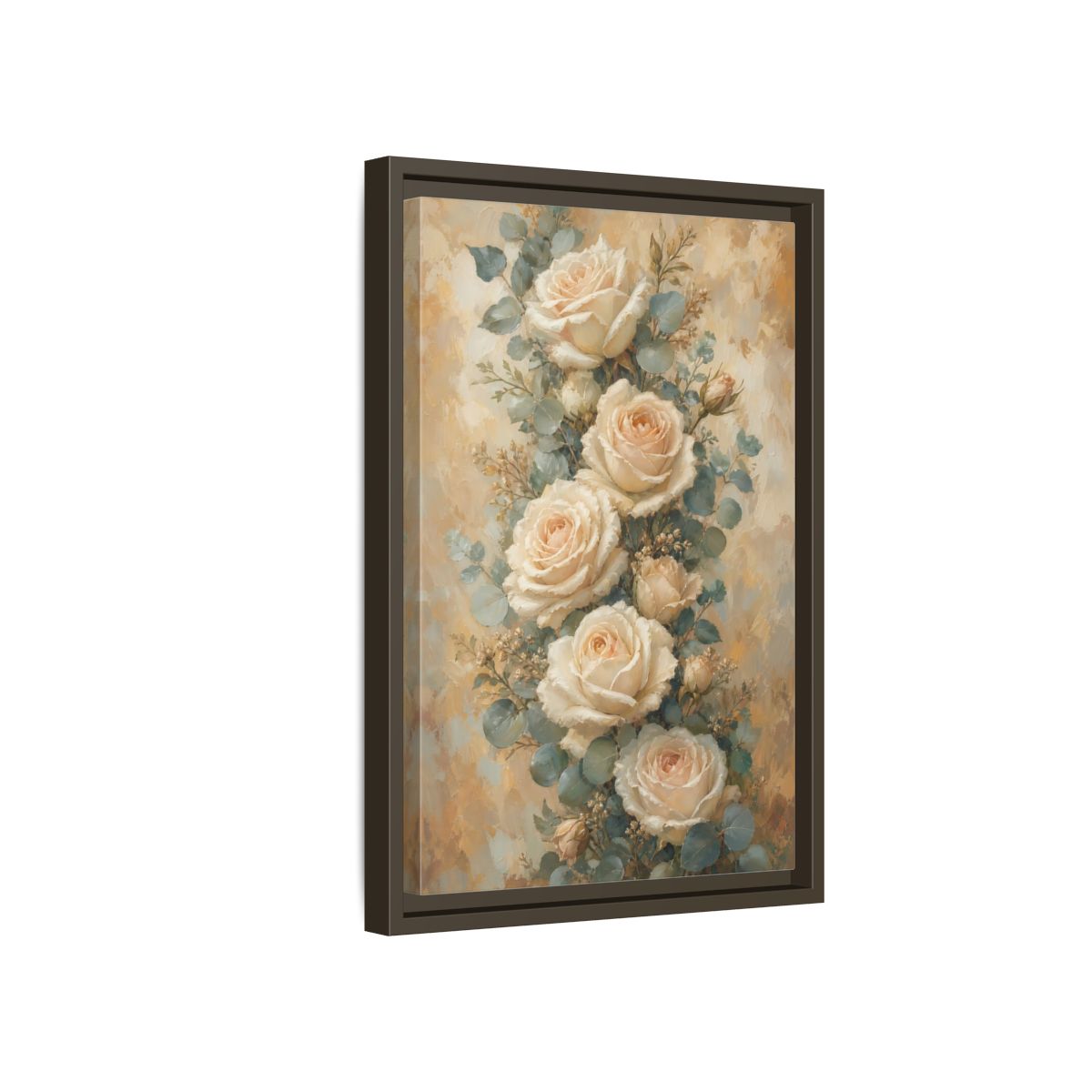 Side Mockup 5. Soft Cream Rose Bouquet shown as framed canvas print