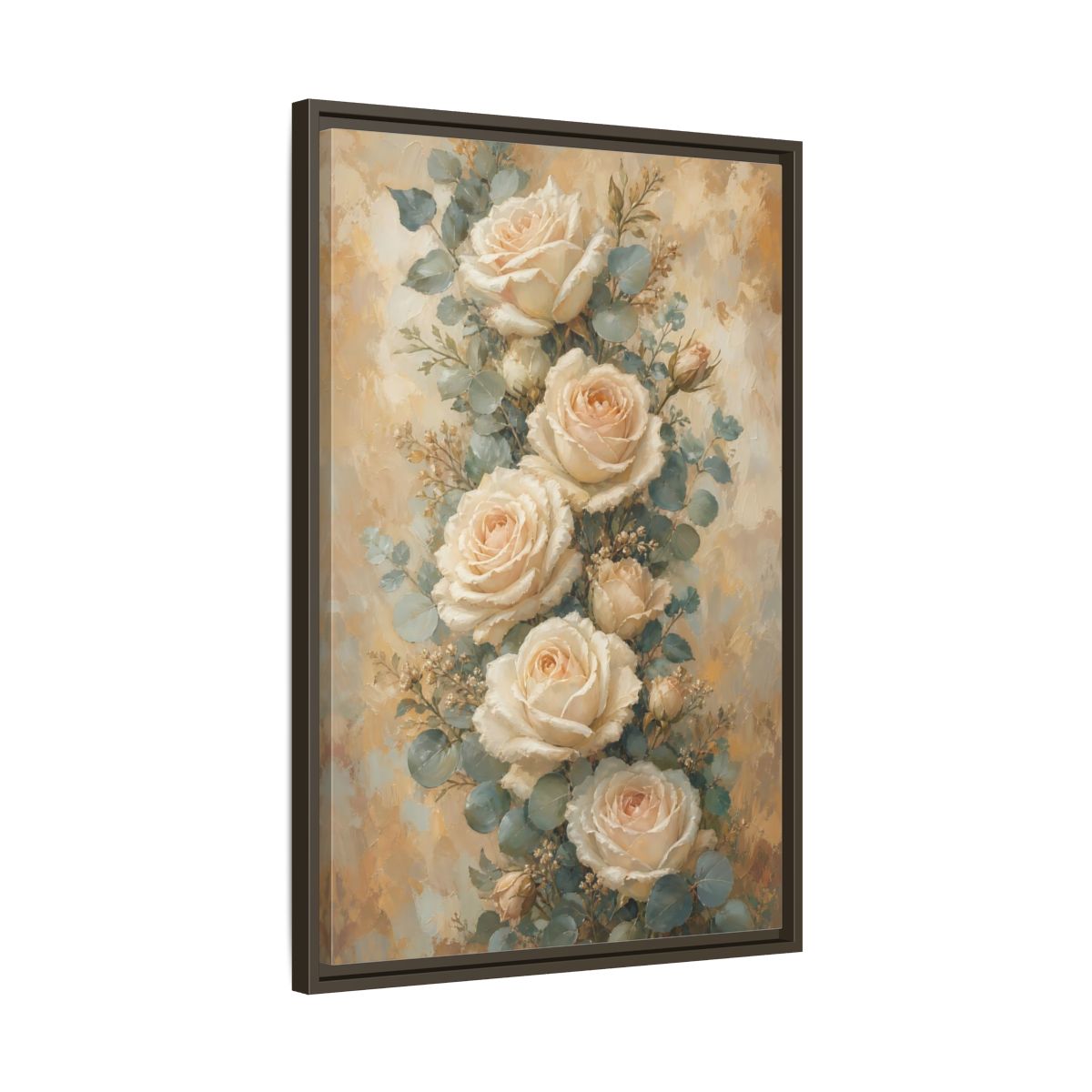 Side Mockup 11. Soft Cream Rose Bouquet shown as framed canvas print