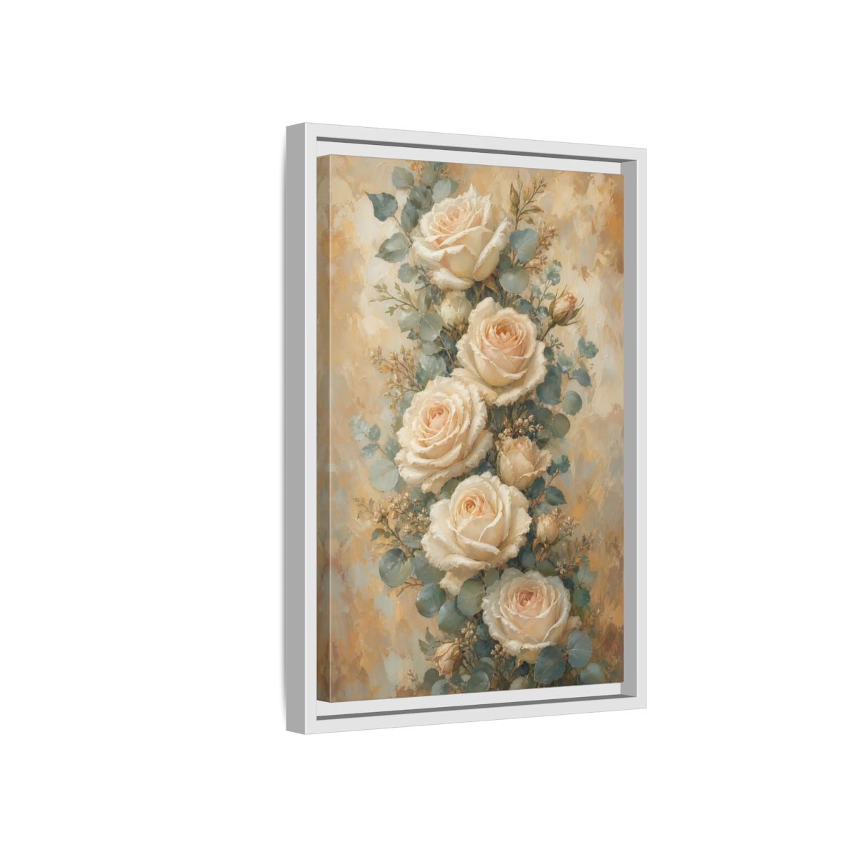 Side Mockup 4. Soft Cream Rose Bouquet shown as framed canvas print