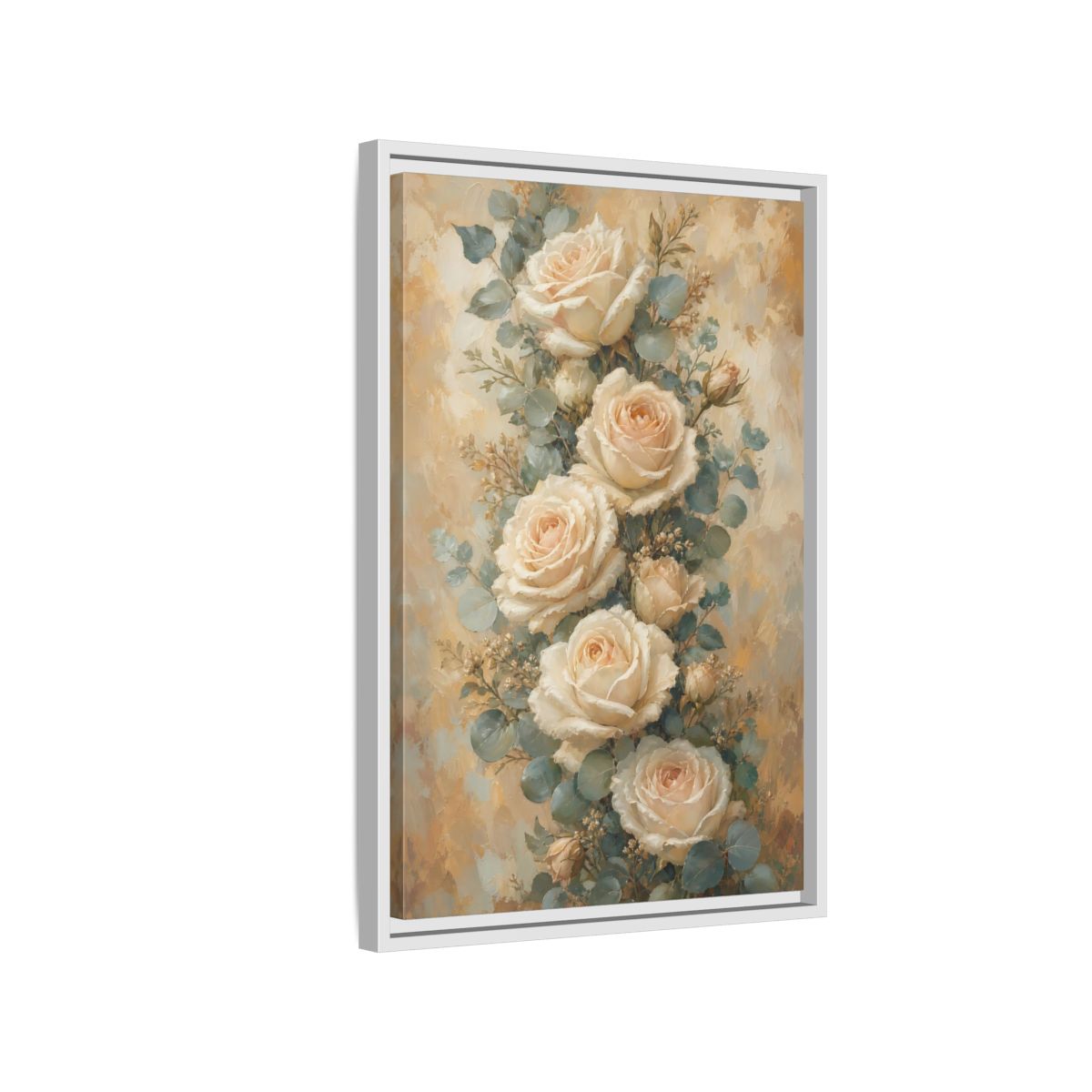Side Mockup 1. Soft Cream Rose Bouquet shown as framed canvas print