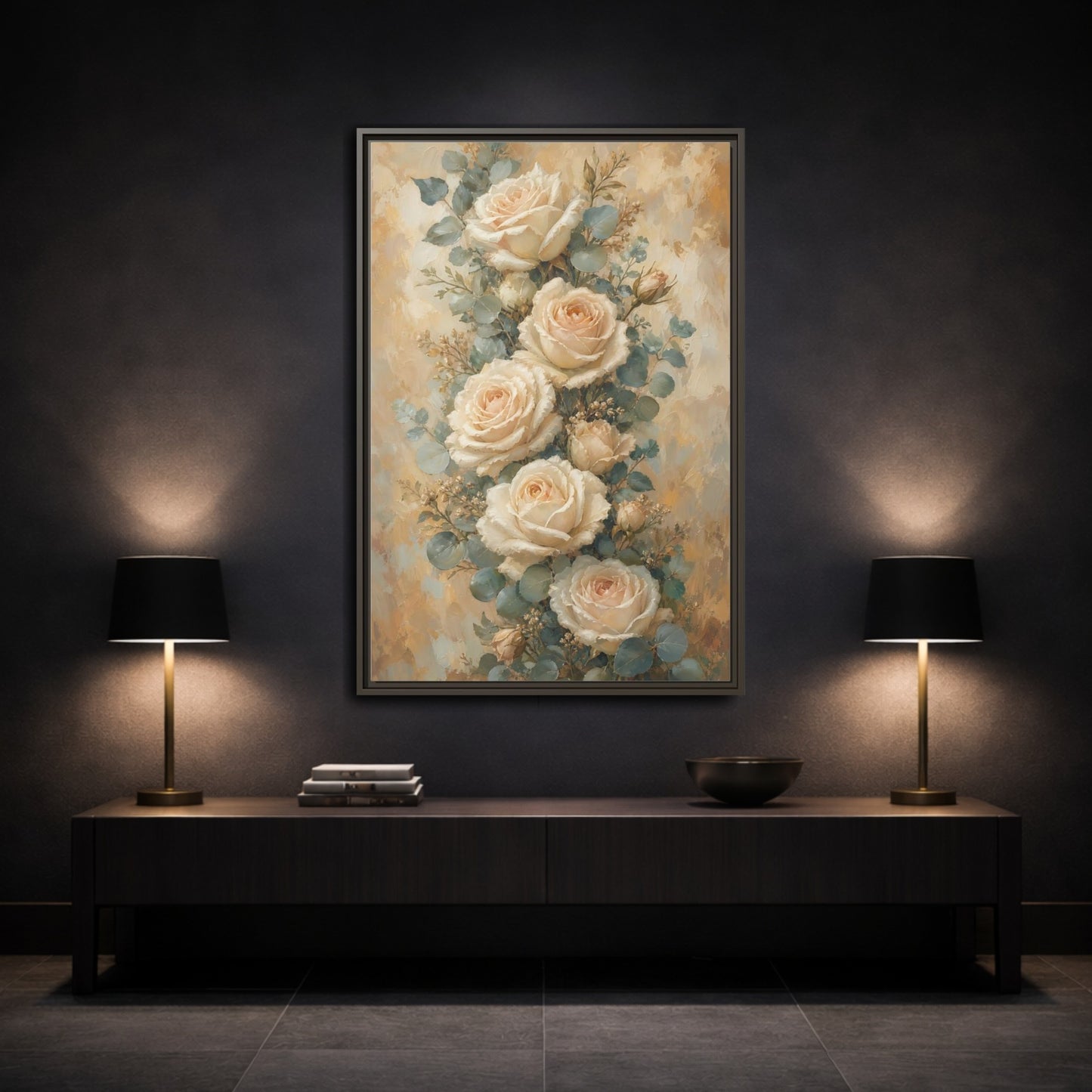 Mockup 3. Soft Cream Rose Bouquet shown as framed canvas print