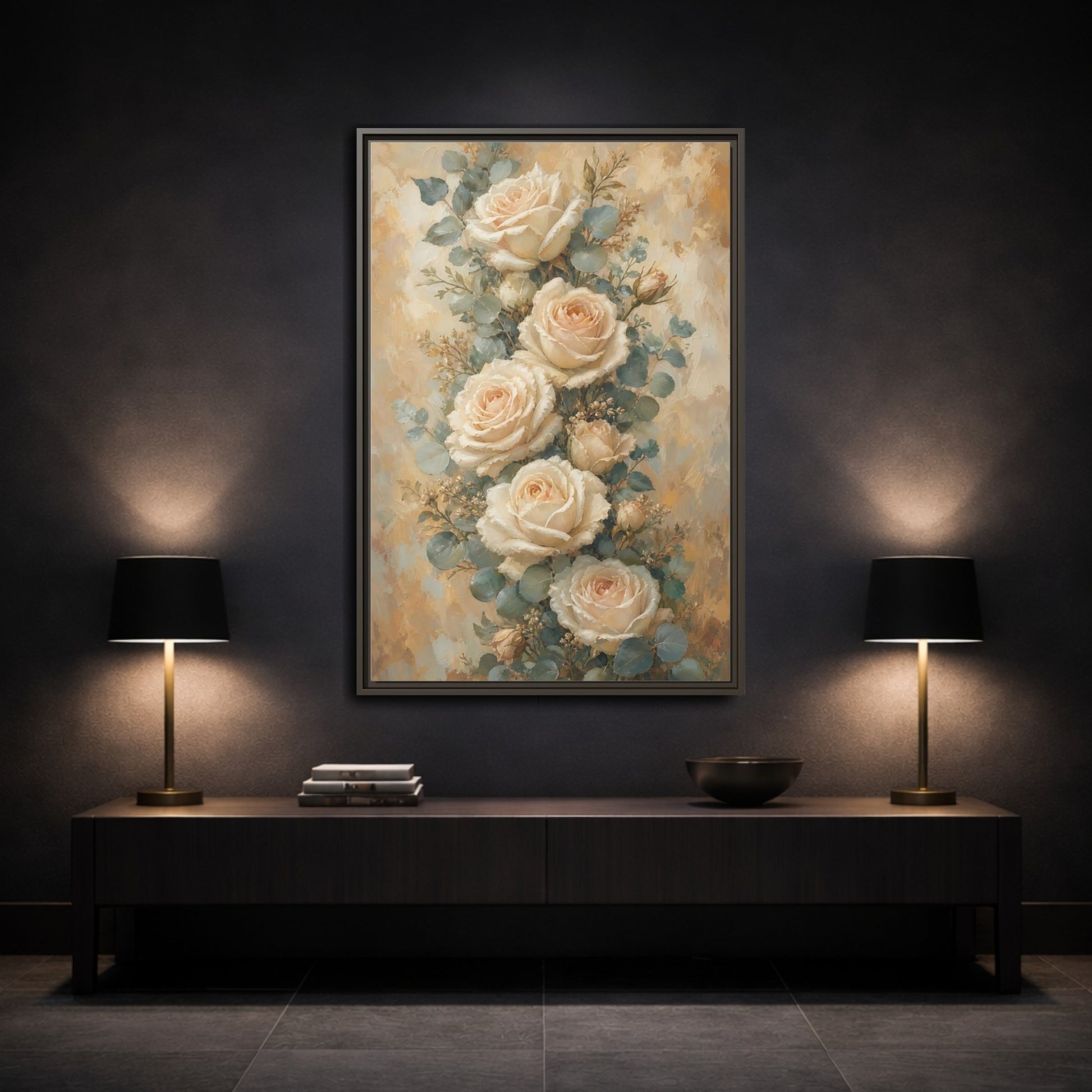 Mockup 3. Soft Cream Rose Bouquet shown as framed canvas print