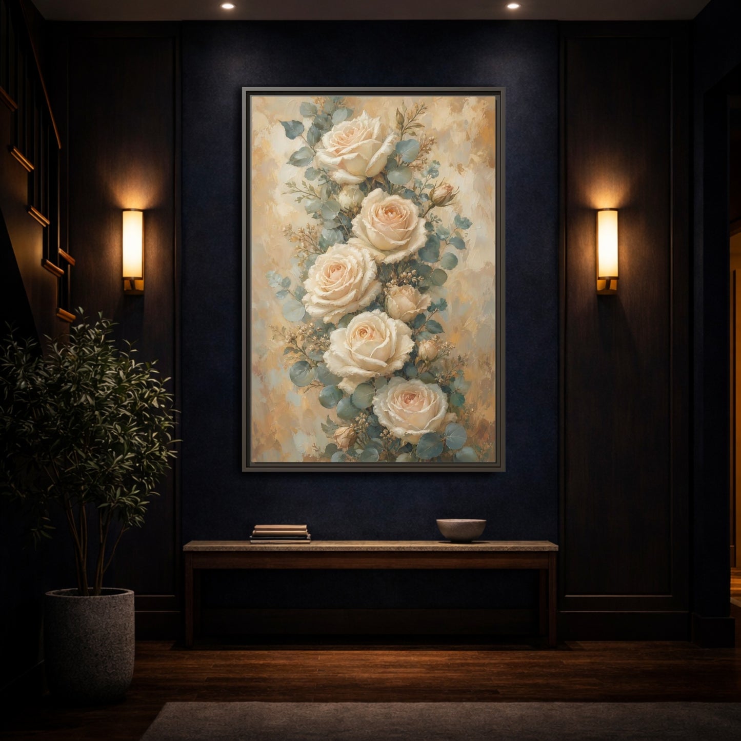 Mockup 4. Soft Cream Rose Bouquet shown as framed canvas print