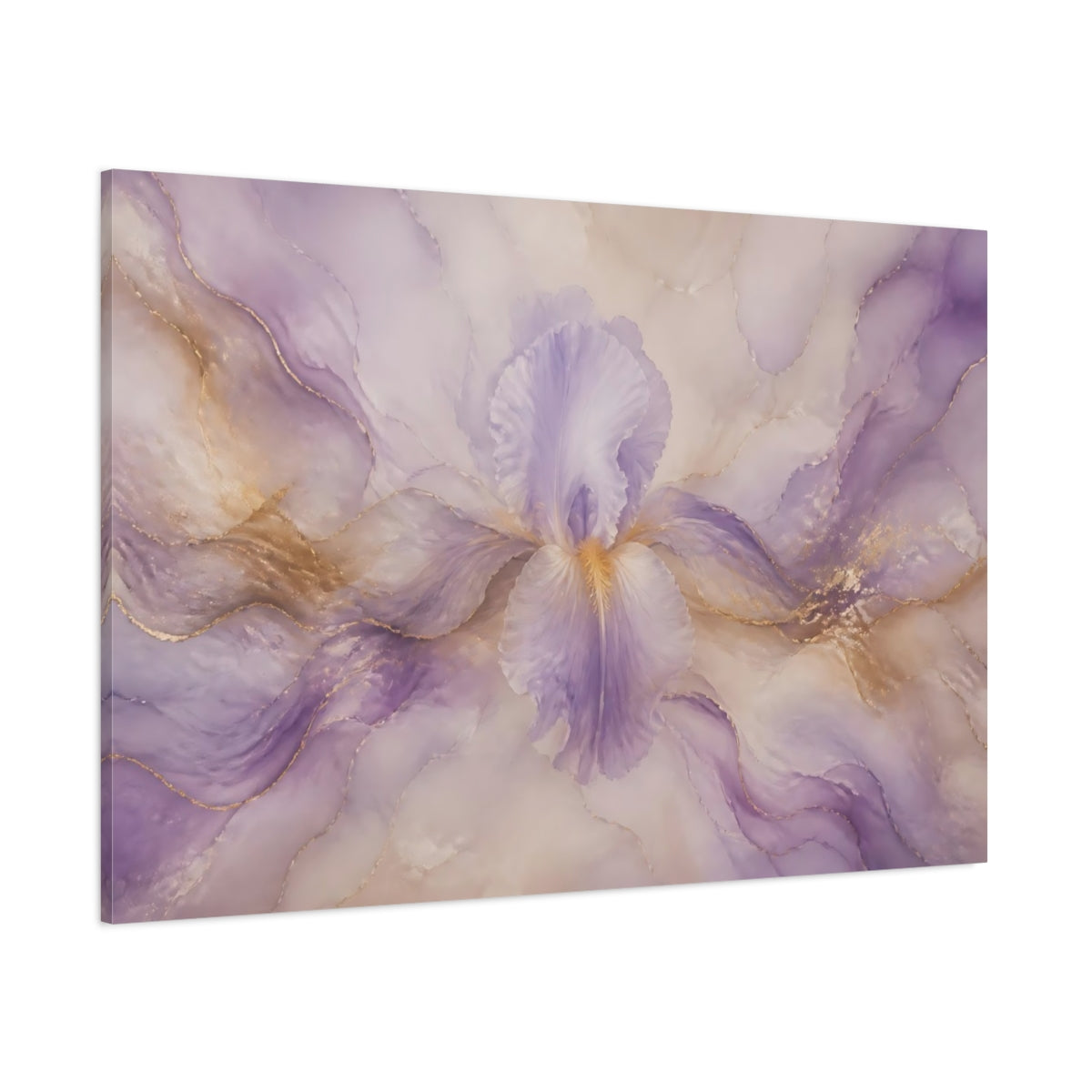 Side Mockup 1. Soft Lavender Iris Bloom shown as canvas print