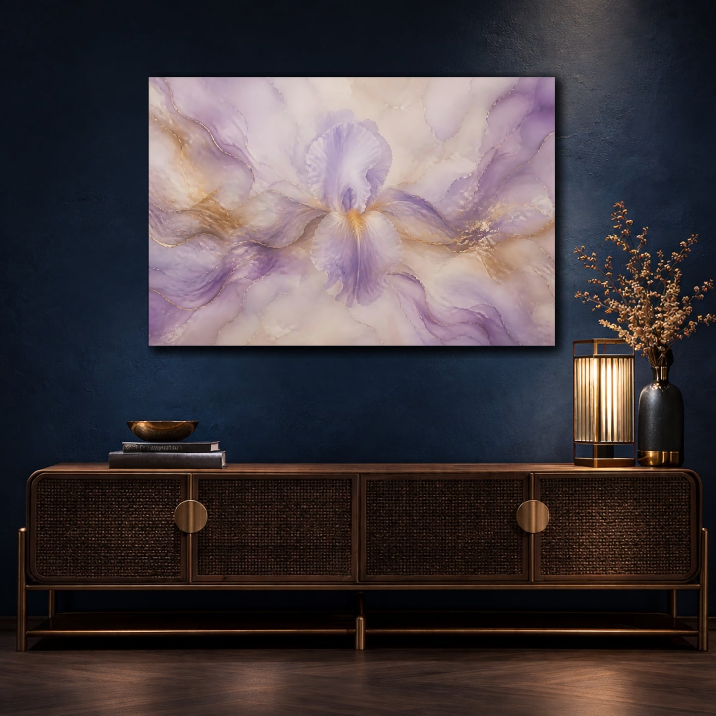 Mockup 4. Soft Lavender Iris Bloom shown as canvas print