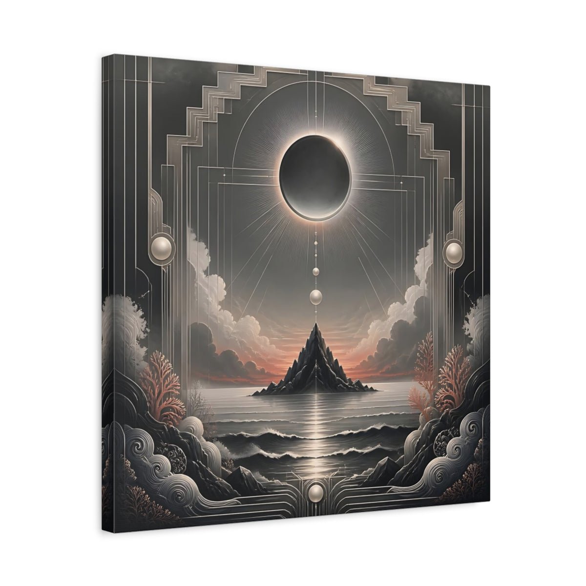 Side Mockup 5. Solar Eclipse Over Island shown as canvas print