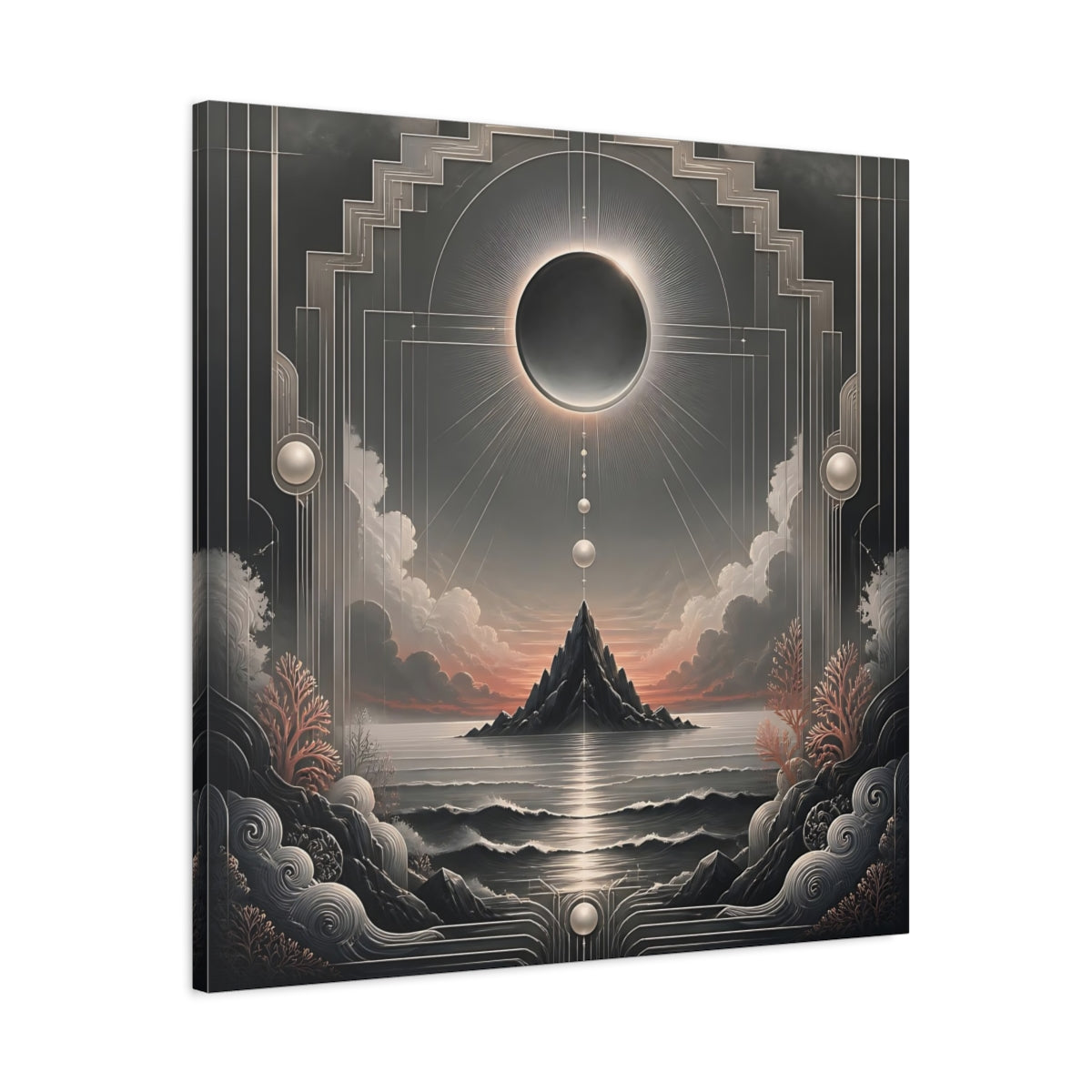 Side Mockup 3. Solar Eclipse Over Island shown as canvas print