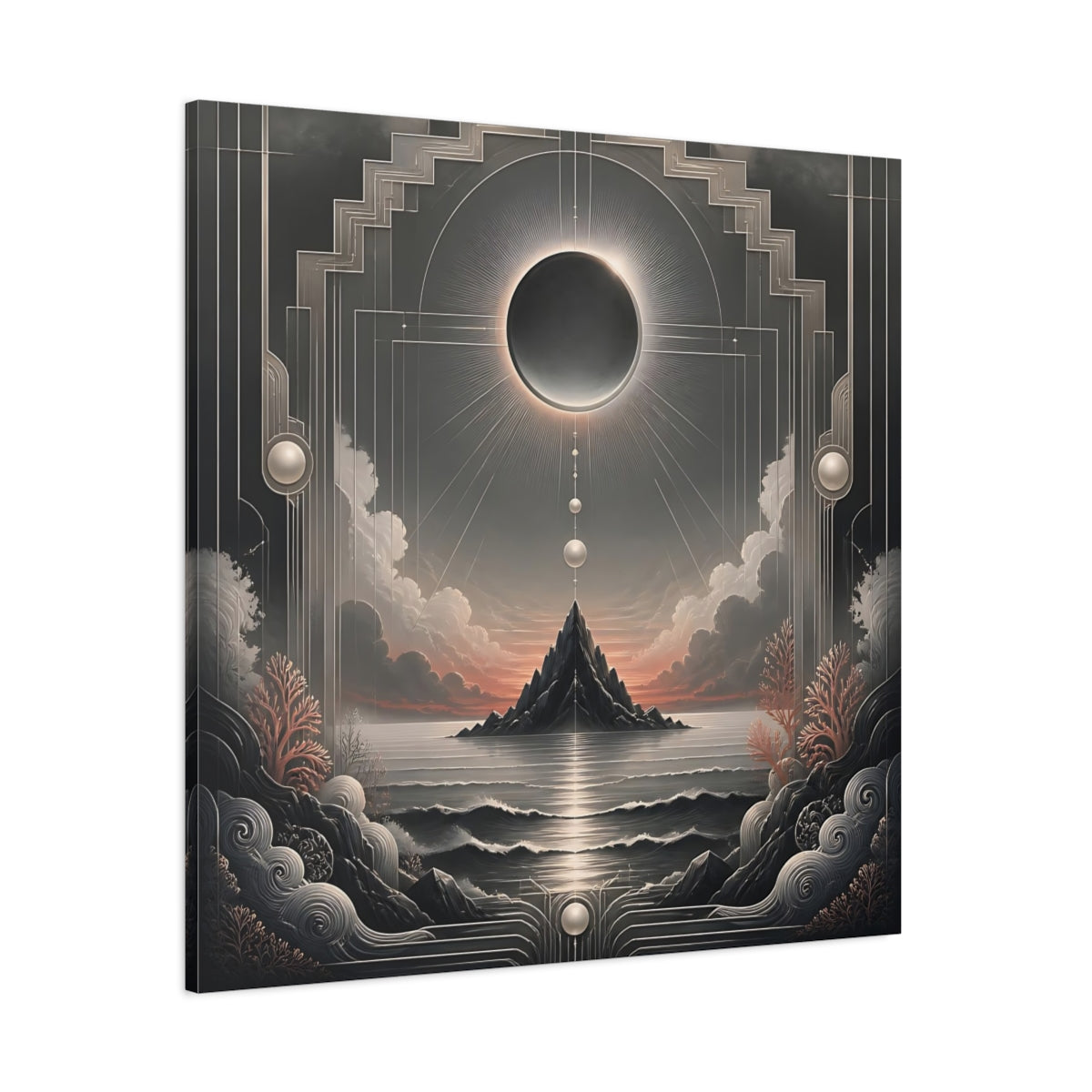 Side Mockup 1. Solar Eclipse Over Island shown as canvas print