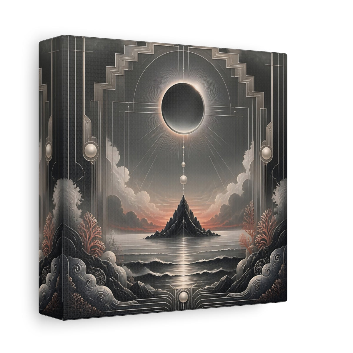 Side Mockup 2. Solar Eclipse Over Island shown as canvas print