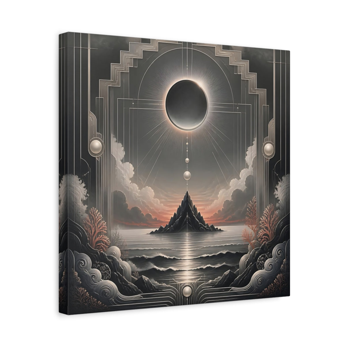 Side Mockup 6. Solar Eclipse Over Island shown as canvas print