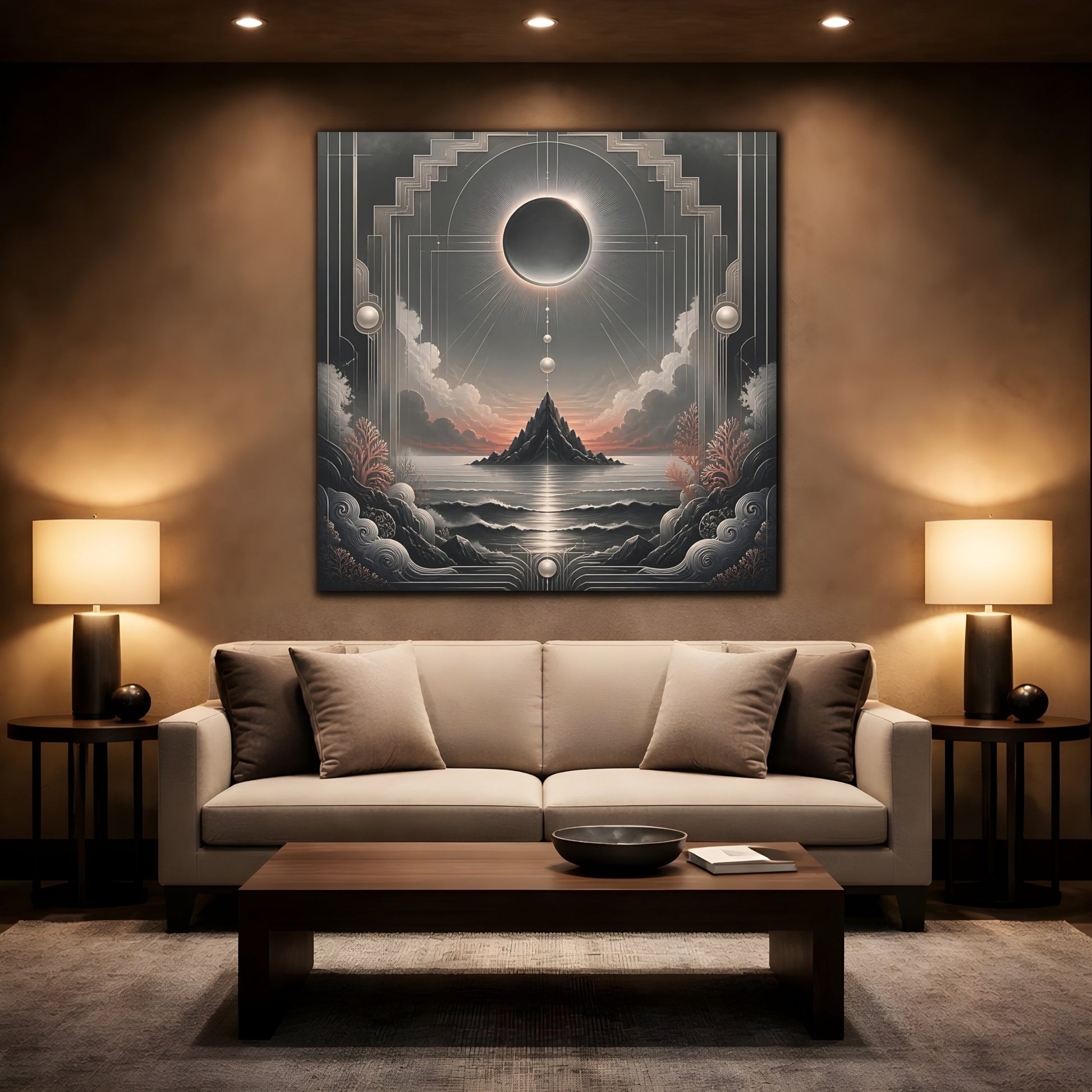 Mockup 2. Solar Eclipse Over Island shown as canvas print