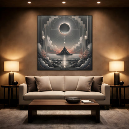 Mockup 2. Solar Eclipse Over Island shown as canvas print