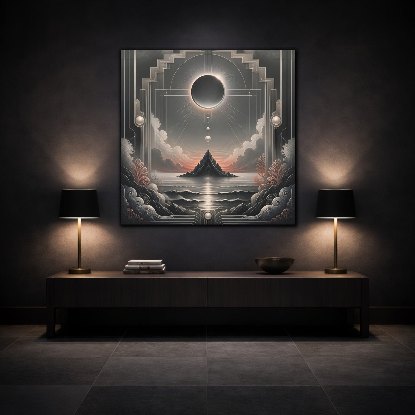 Mockup 3. Solar Eclipse Over Island shown as canvas print