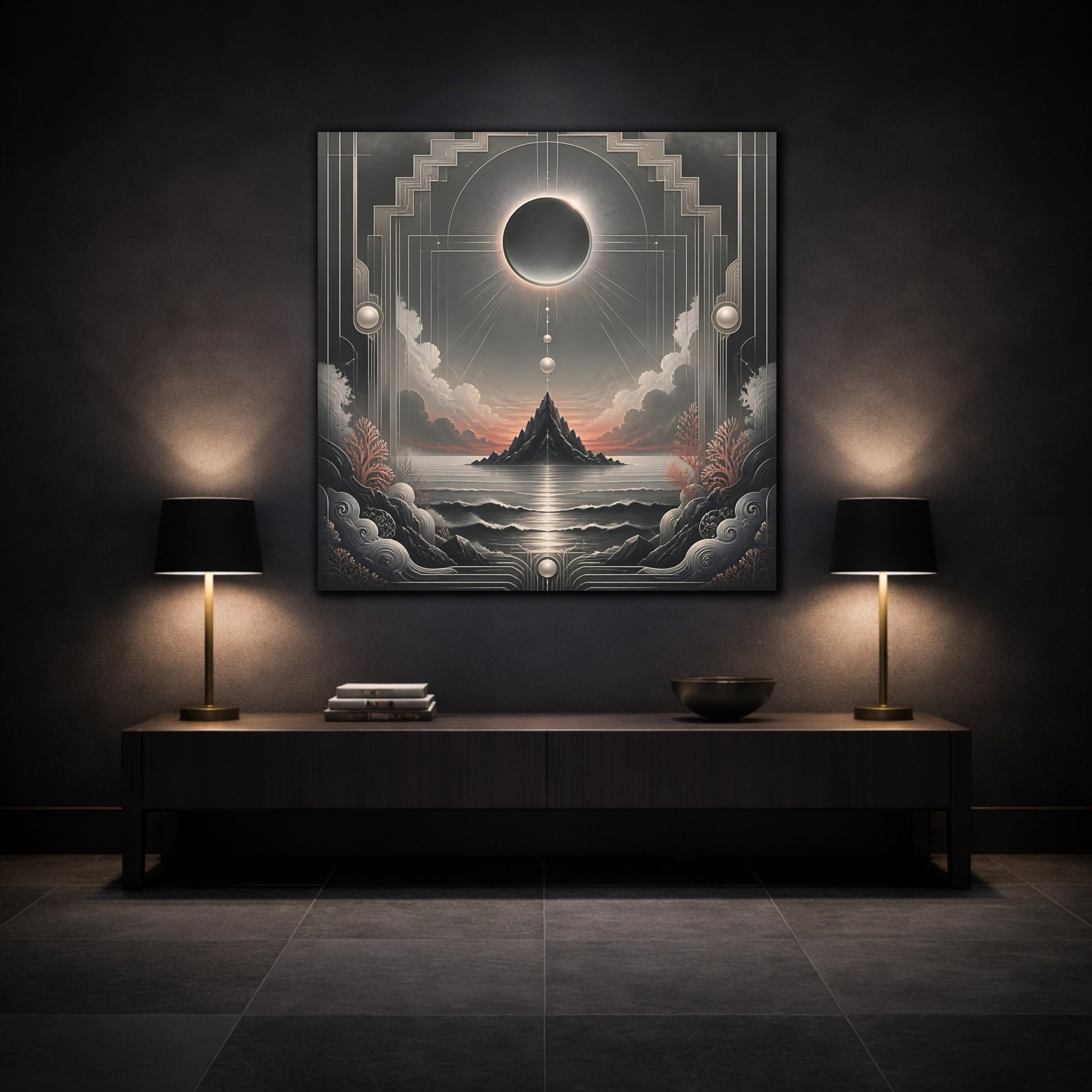 Mockup 3. Solar Eclipse Over Island shown as canvas print
