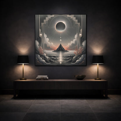 Mockup 3. Solar Eclipse Over Island shown as canvas print