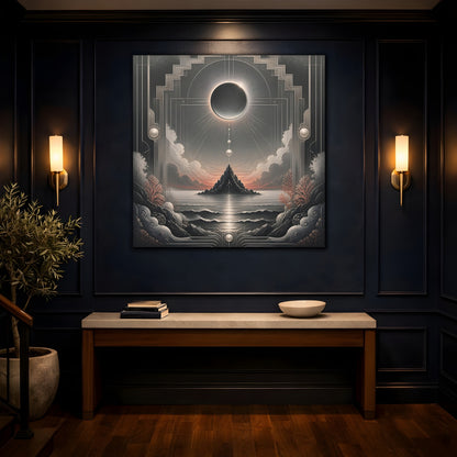 Mockup 4. Solar Eclipse Over Island shown as canvas print