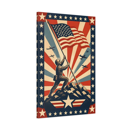 Main Mockup. Soldier Raising American Flag shown as canvas print