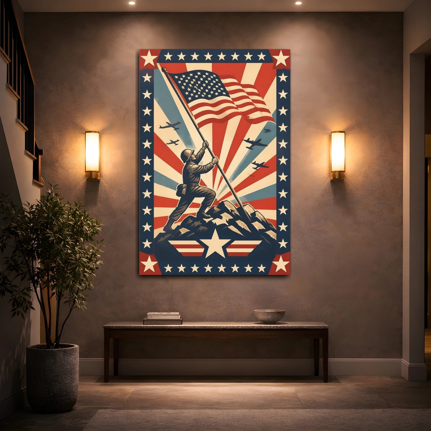 Mockup 2. Soldier Raising American Flag shown as canvas print