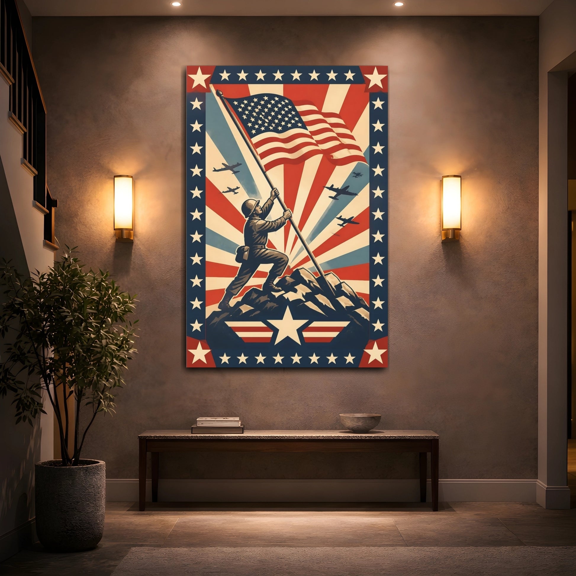 Mockup 2. Soldier Raising American Flag shown as canvas print