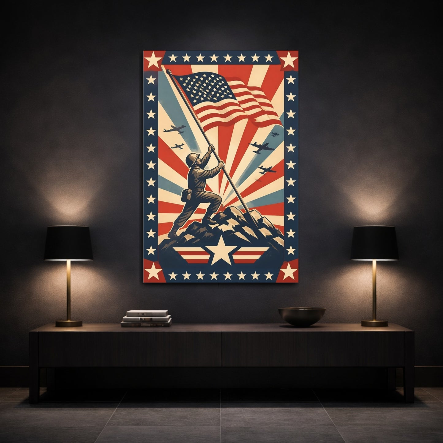Mockup 3. Soldier Raising American Flag shown as canvas print