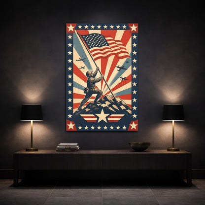 Mockup 3. Soldier Raising American Flag shown as canvas print