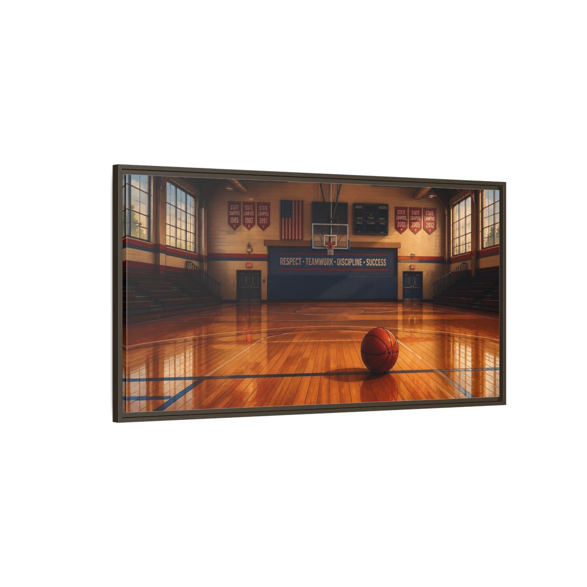 Side Mockup 4. Solitary Basketball In Gym shown as framed canvas print