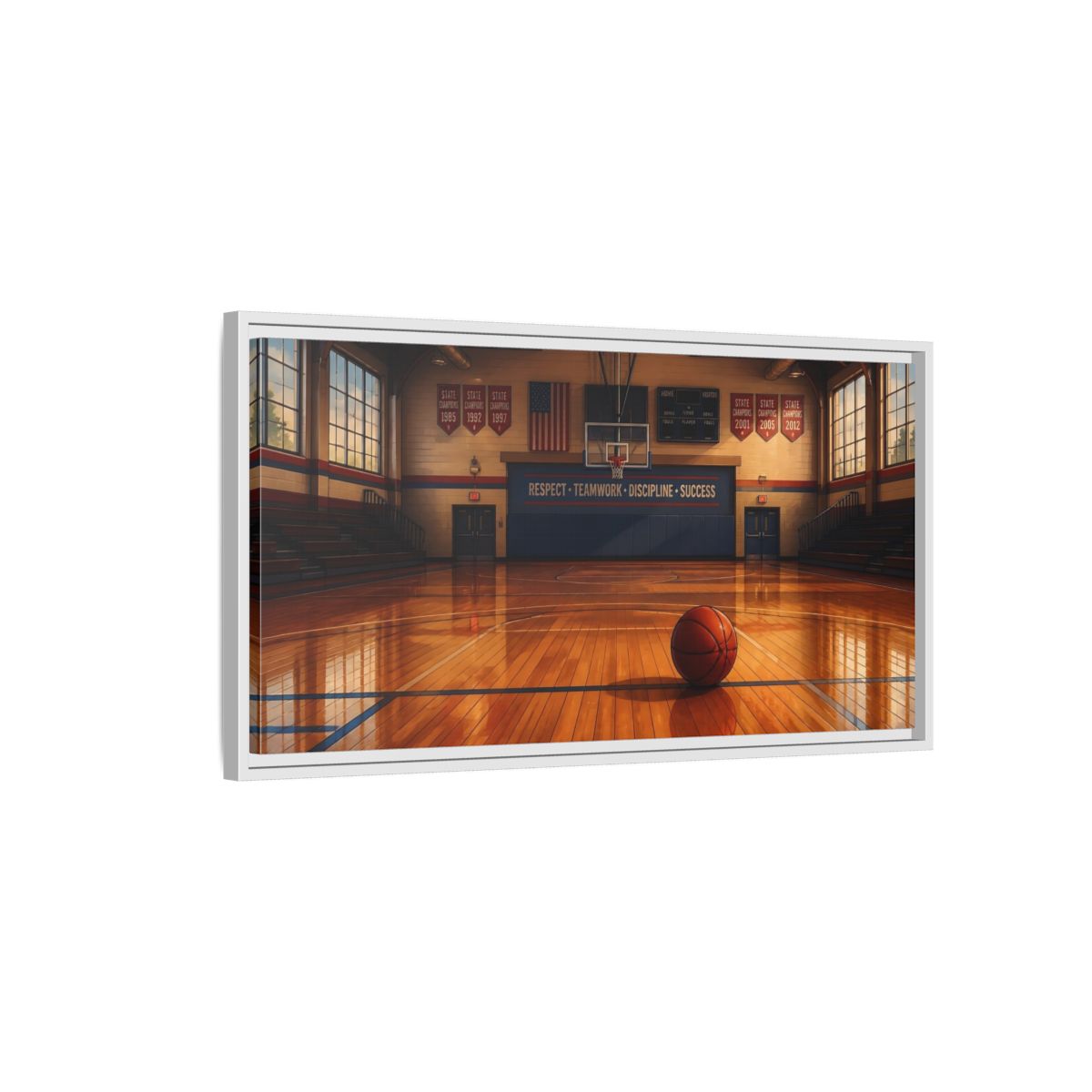 Side Mockup 1. Solitary Basketball In Gym shown as framed canvas print