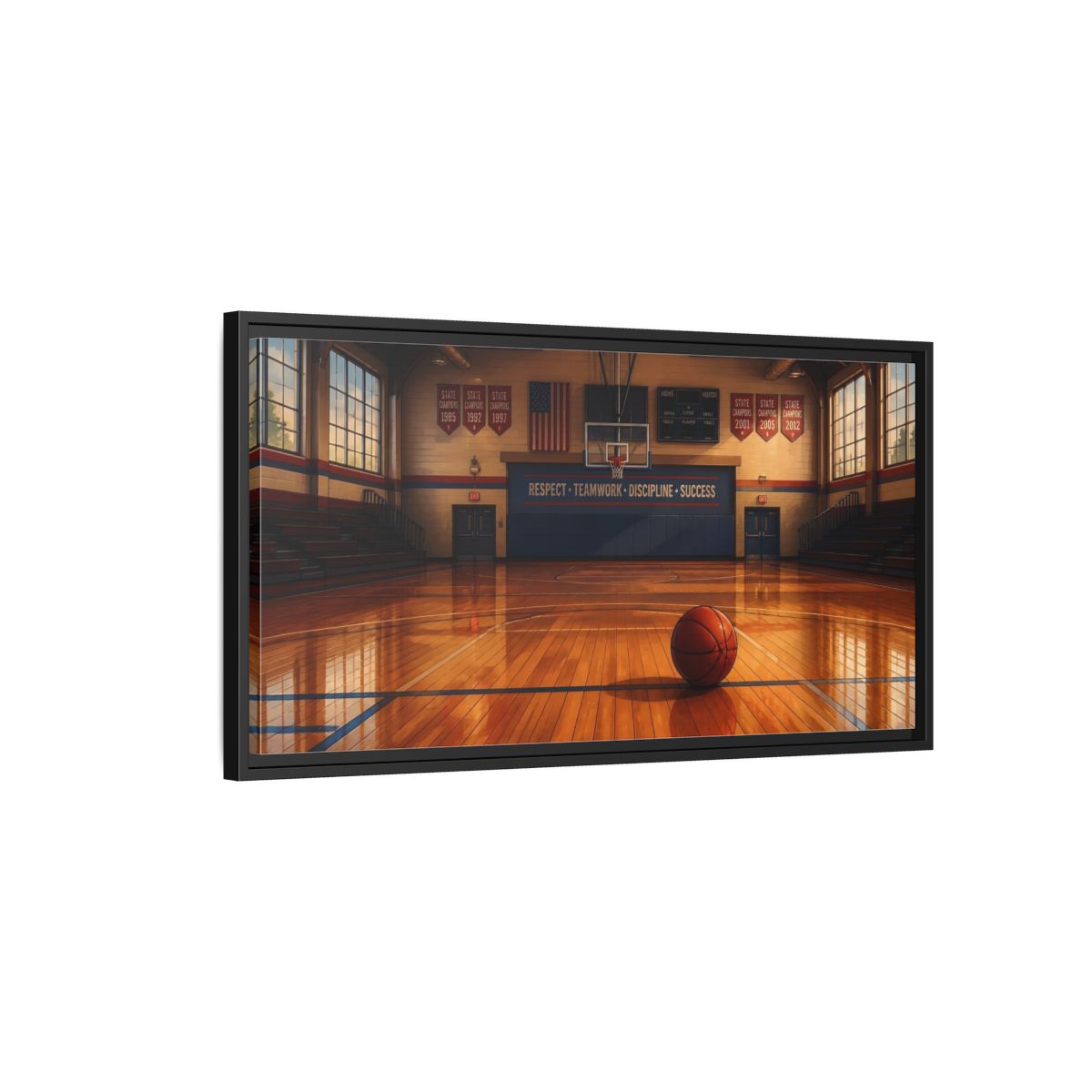 Side Mockup 2. Solitary Basketball In Gym shown as framed canvas print