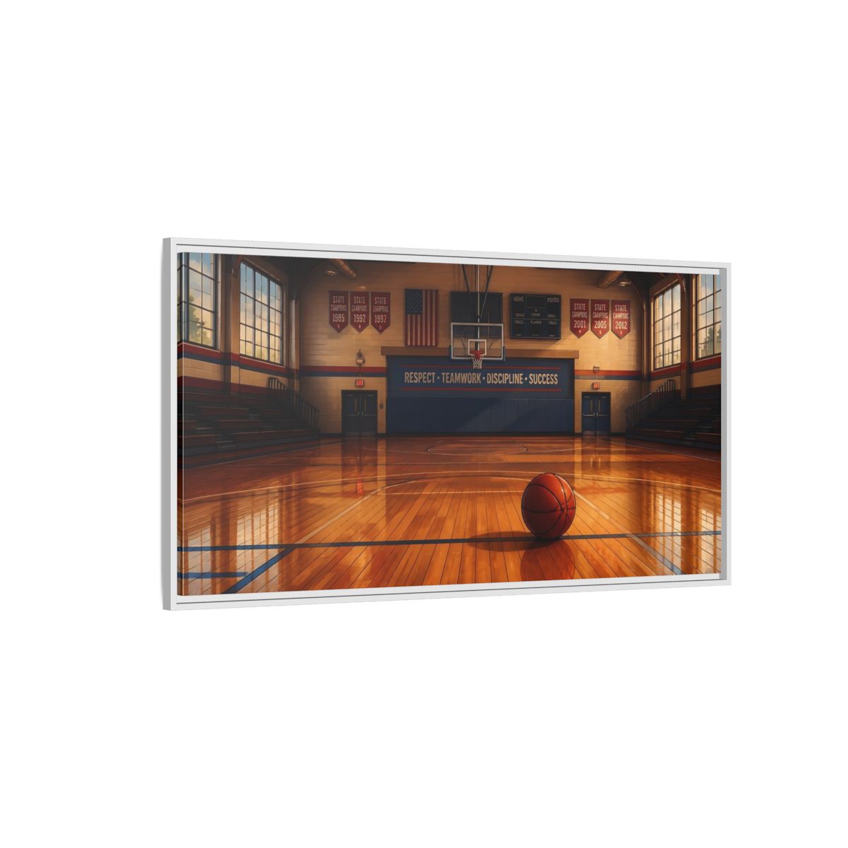 Side Mockup 3. Solitary Basketball In Gym shown as framed canvas print