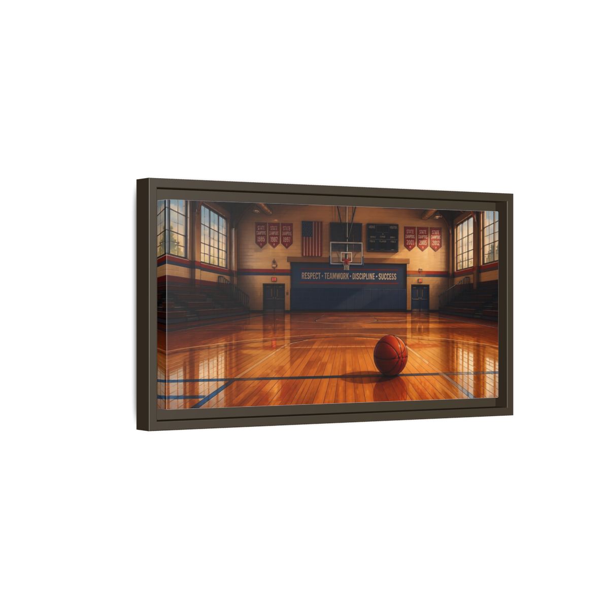 Side Mockup 7. Solitary Basketball In Gym shown as framed canvas print
