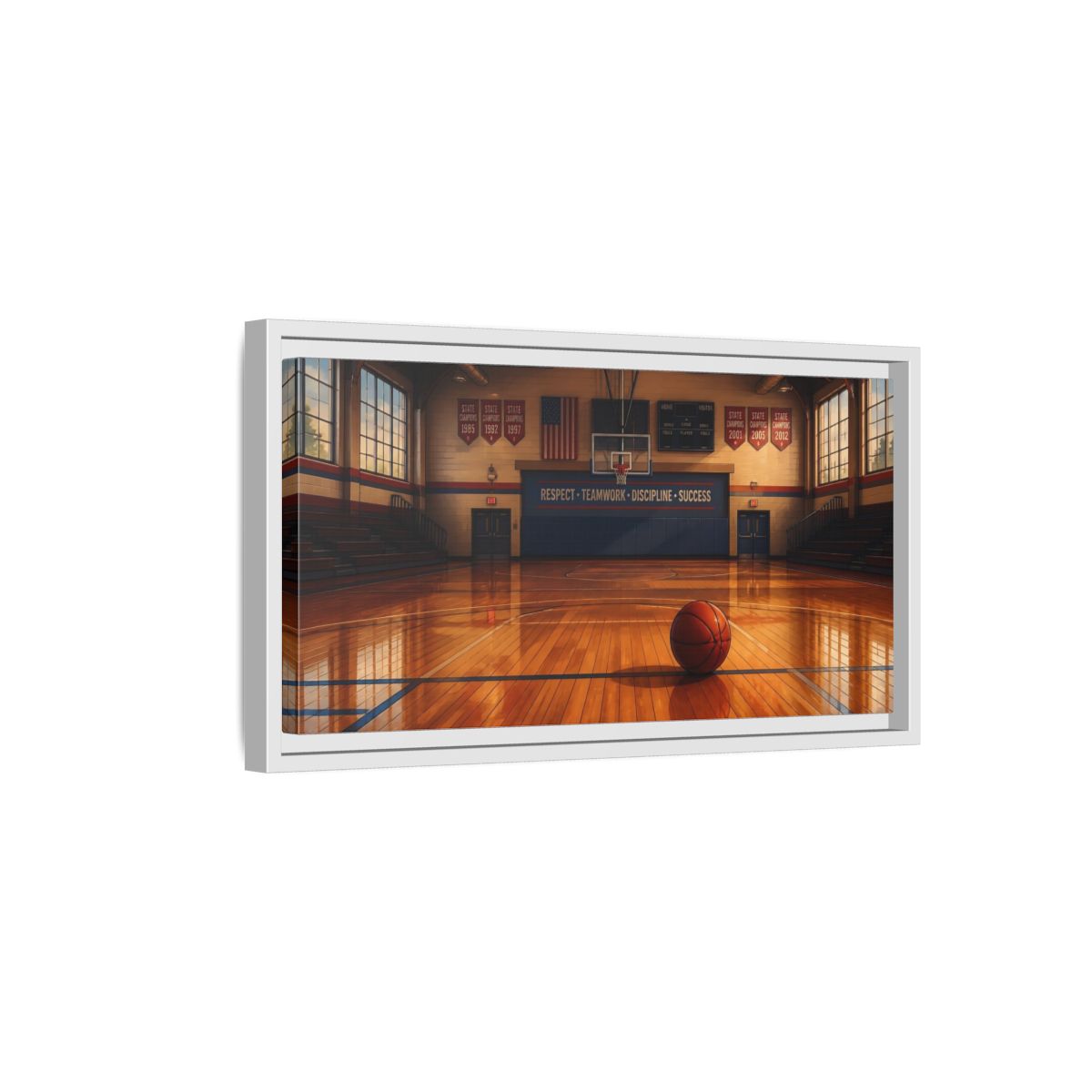 Side Mockup 6. Solitary Basketball In Gym shown as framed canvas print