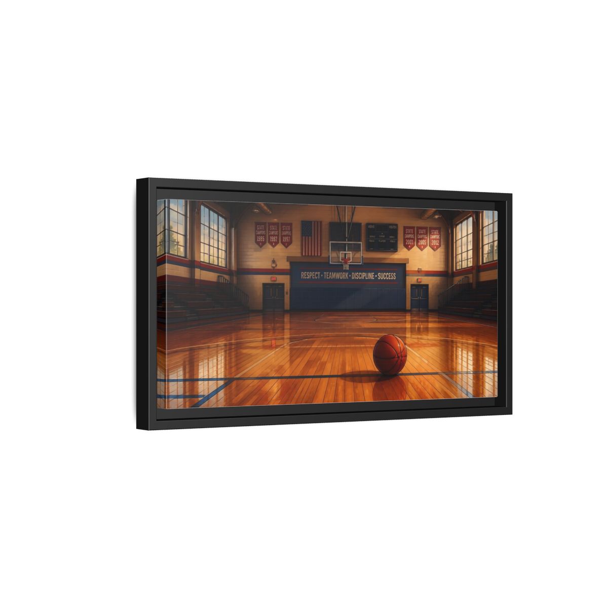 Side Mockup 8. Solitary Basketball In Gym shown as framed canvas print
